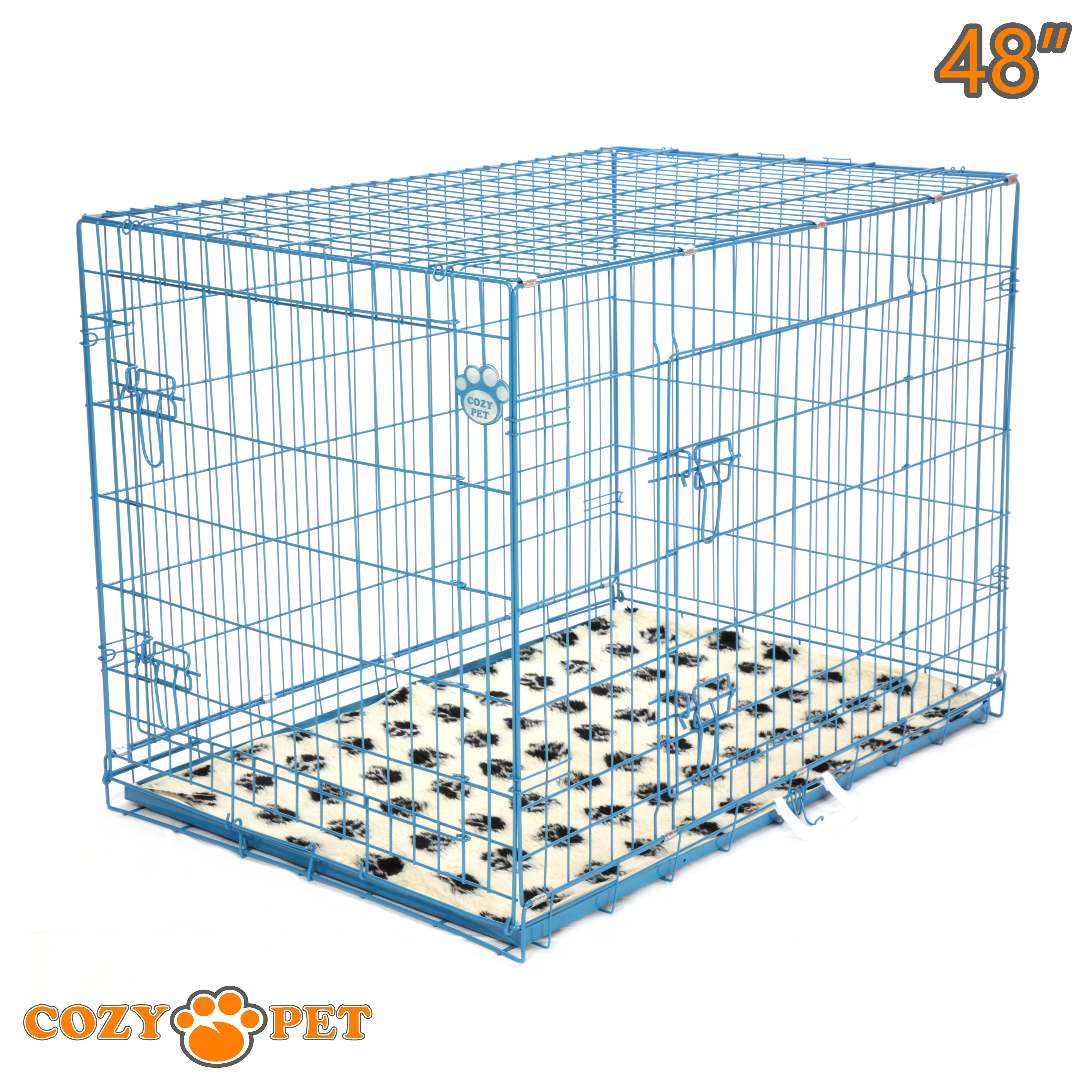 48" Dog Cage in Blue by Cozy Pet with Taylored Vet Bedding and a Metal Tray - DC48BL + VB48C