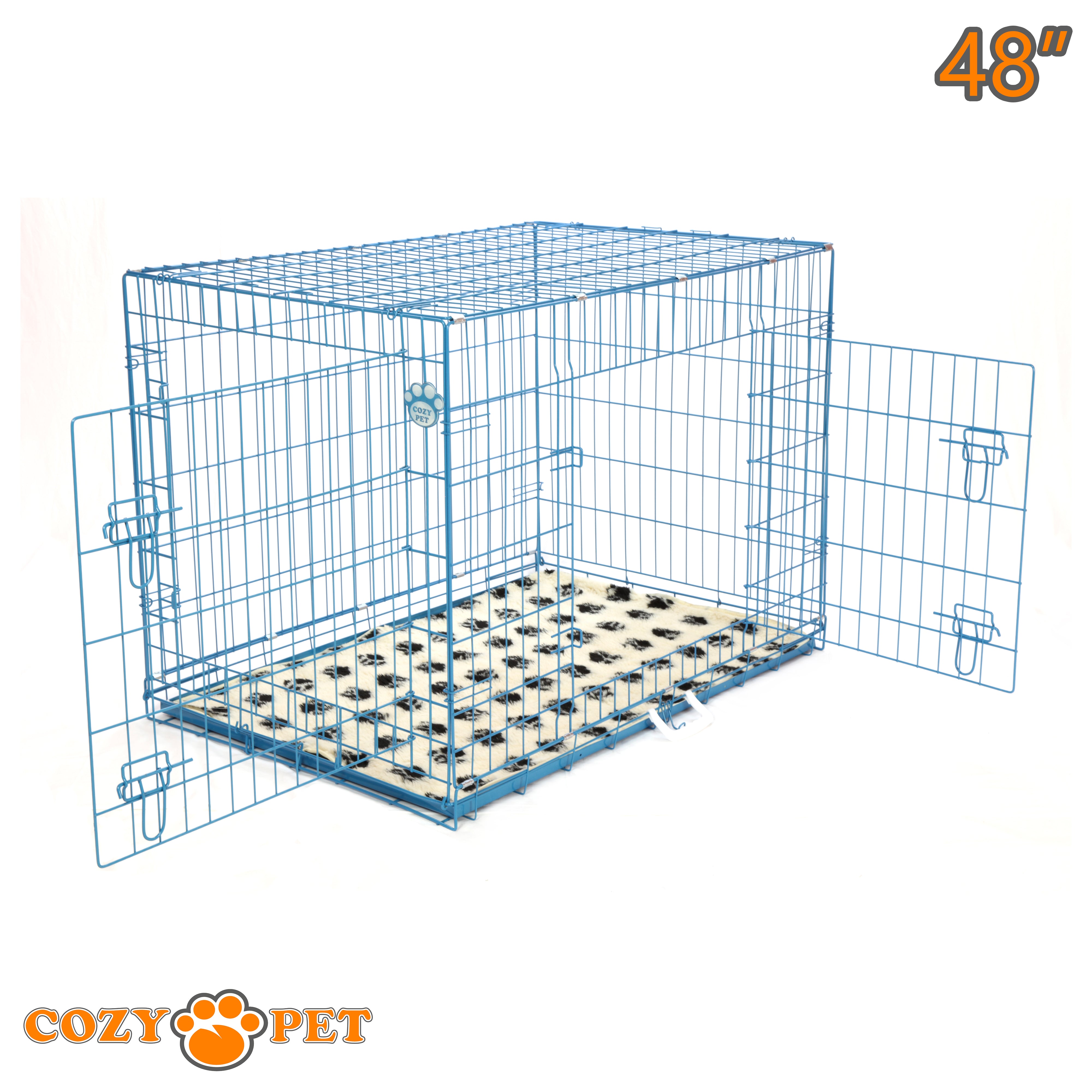 48" Dog Cage in Blue by Cozy Pet with Taylored Vet Bedding and a Metal Tray - DC48BL + VB48C