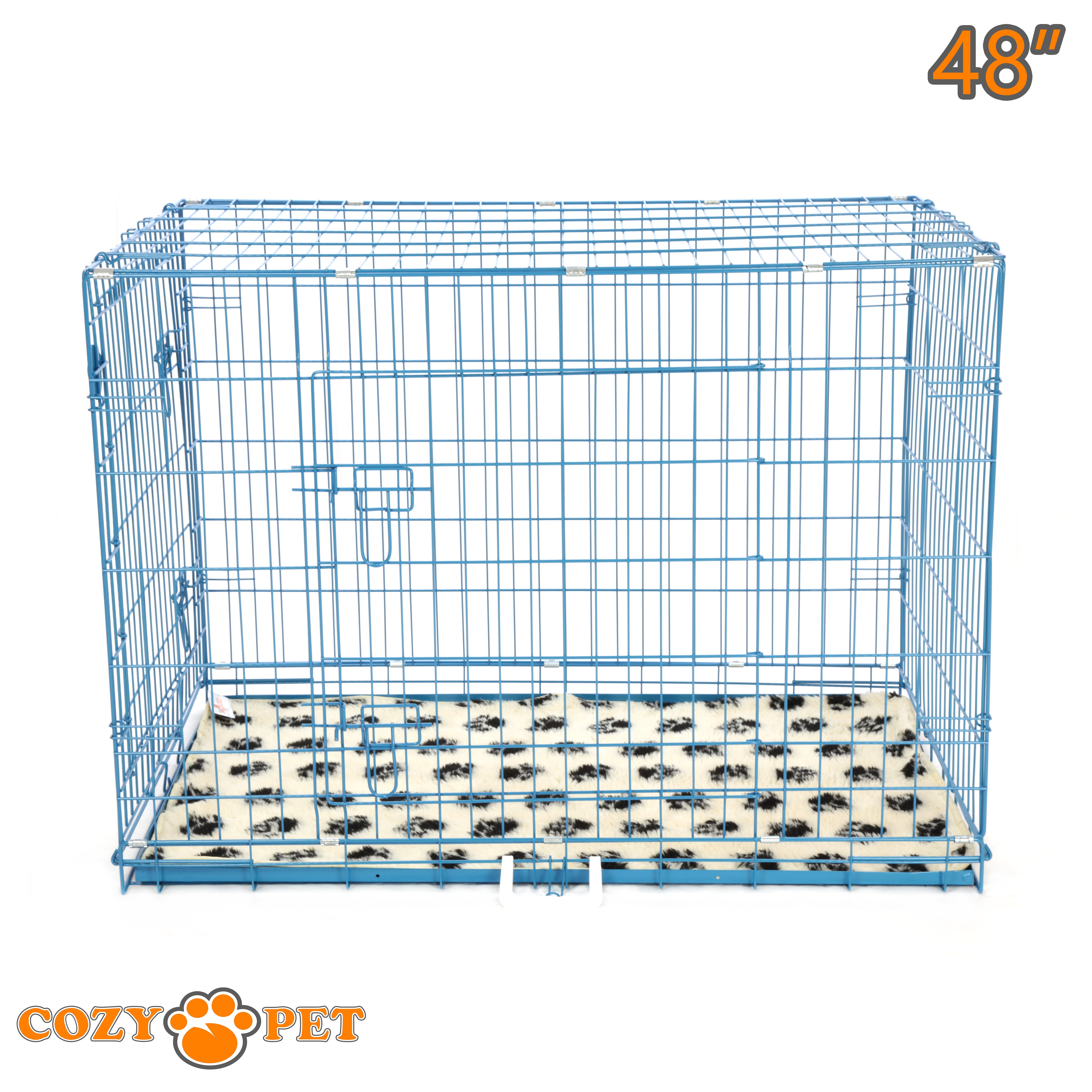 48" Dog Cage in Blue by Cozy Pet with Taylored Vet Bedding and a Metal Tray - DC48BL + VB48C