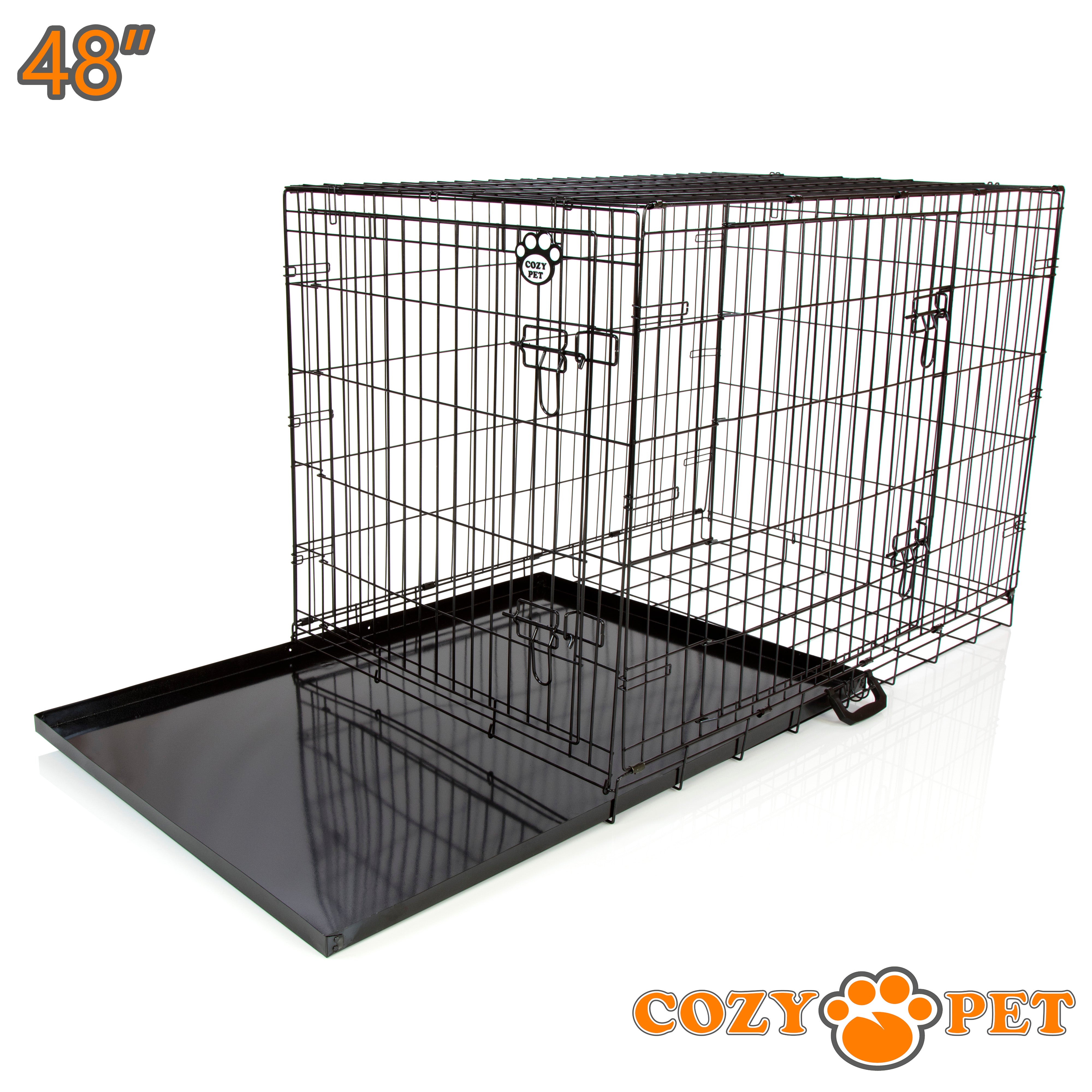 48" Dog Cage in Black by Cozy Pet with Taylored Vet Bedding and a Metal Tray - DC48B + VB48C