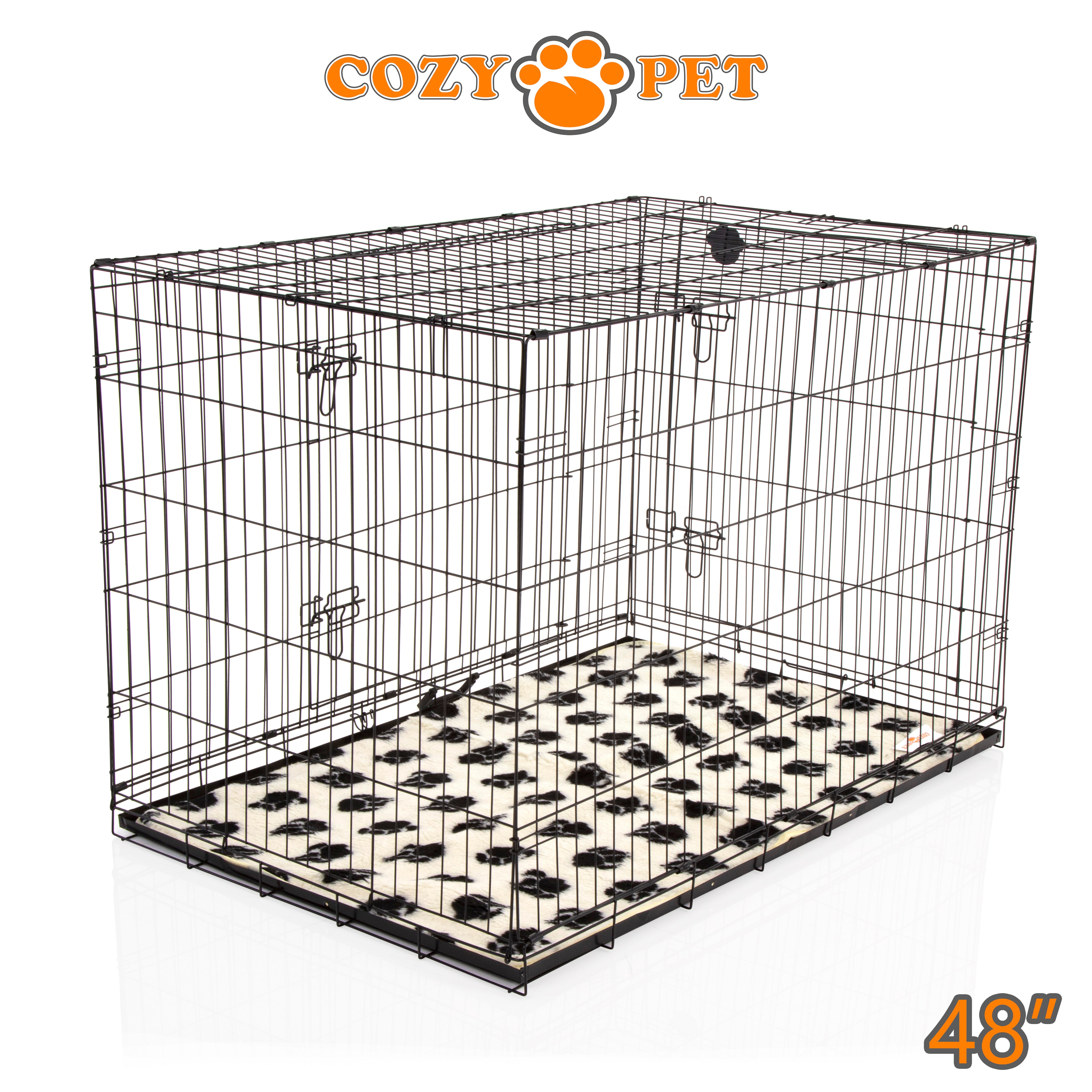 48" Dog Cage in Black by Cozy Pet with Taylored Vet Bedding and a Metal Tray - DC48B + VB48C