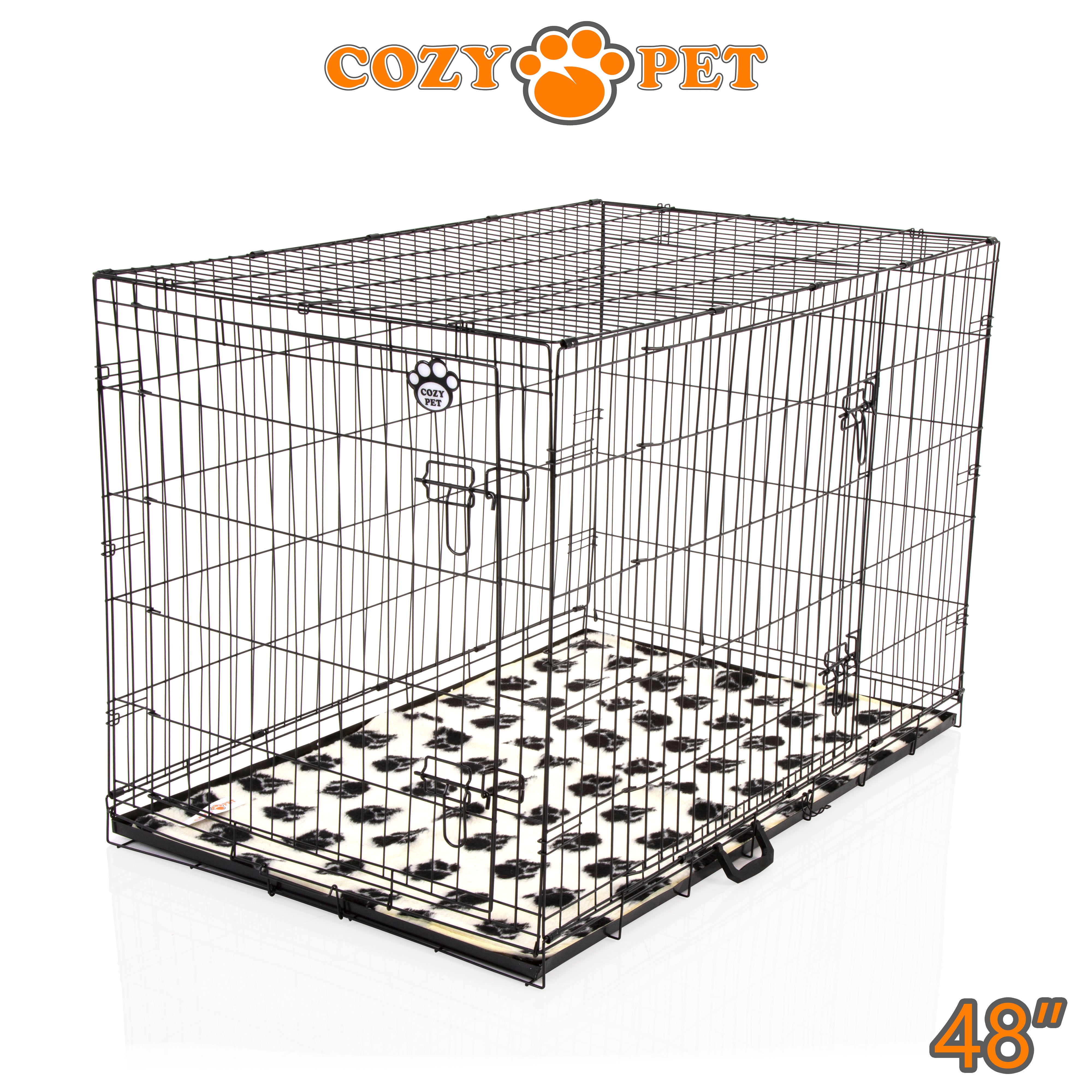 48" Dog Cage in Black by Cozy Pet with Taylored Vet Bedding and a Metal Tray - DC48B + VB48C