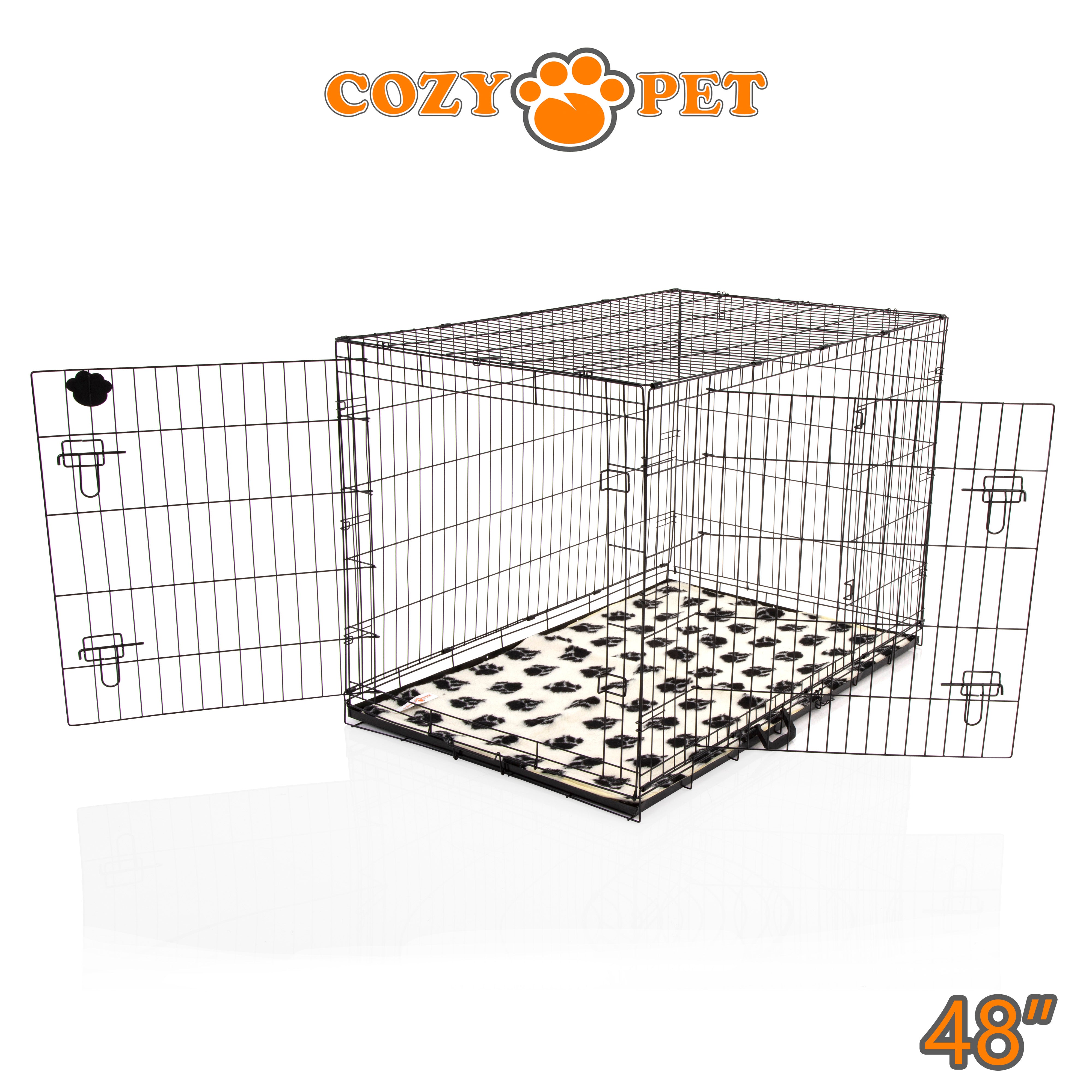 48" Dog Cage in Black by Cozy Pet with Taylored Vet Bedding and a Metal Tray - DC48B + VB48C