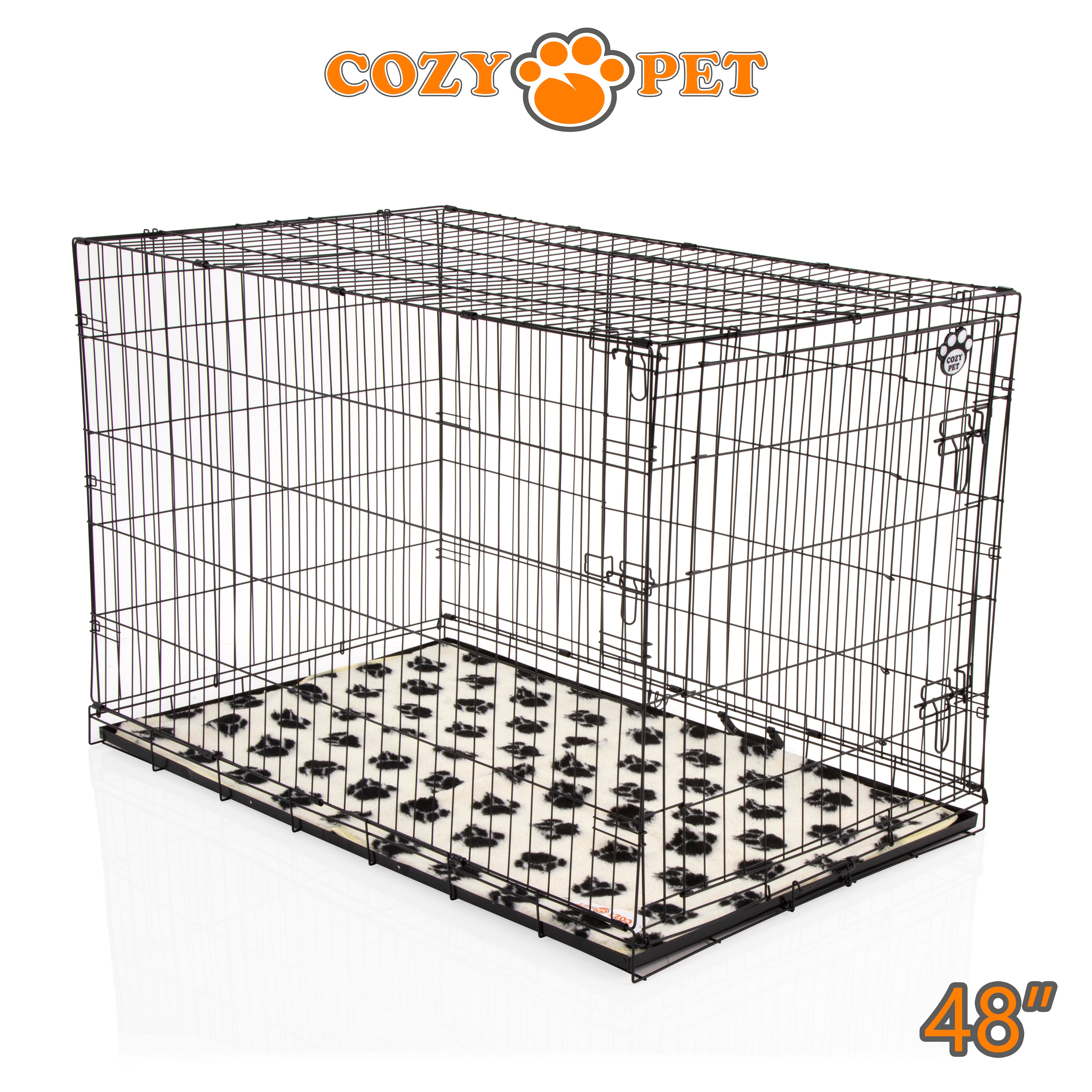 48" Dog Cage in Black by Cozy Pet with Taylored Vet Bedding and a Metal Tray - DC48B + VB48C