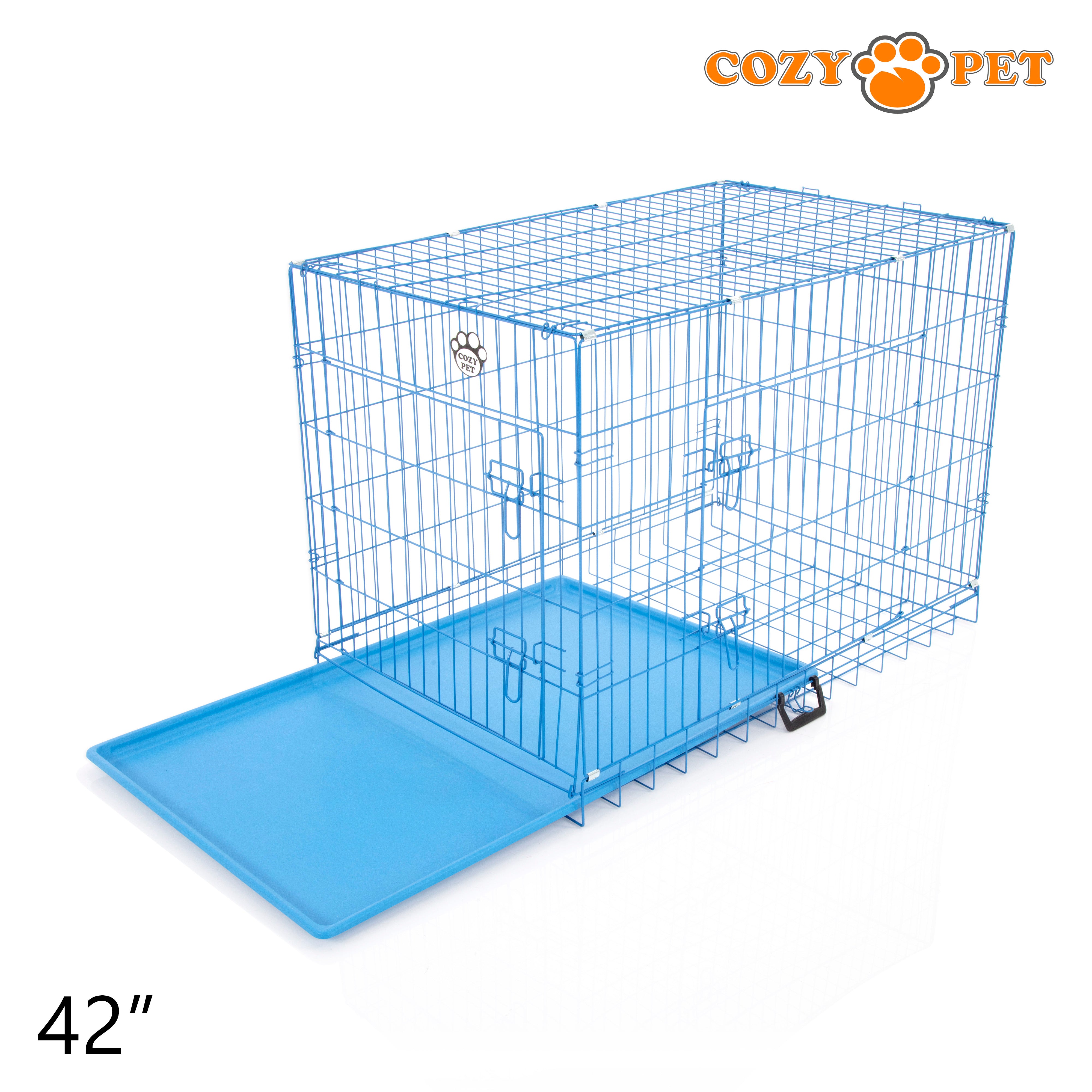 42" Cozy Pet Dog Cage in Blue with ABS Tray and Faux Sheepskin Bed - DCP42BL + SB42BL