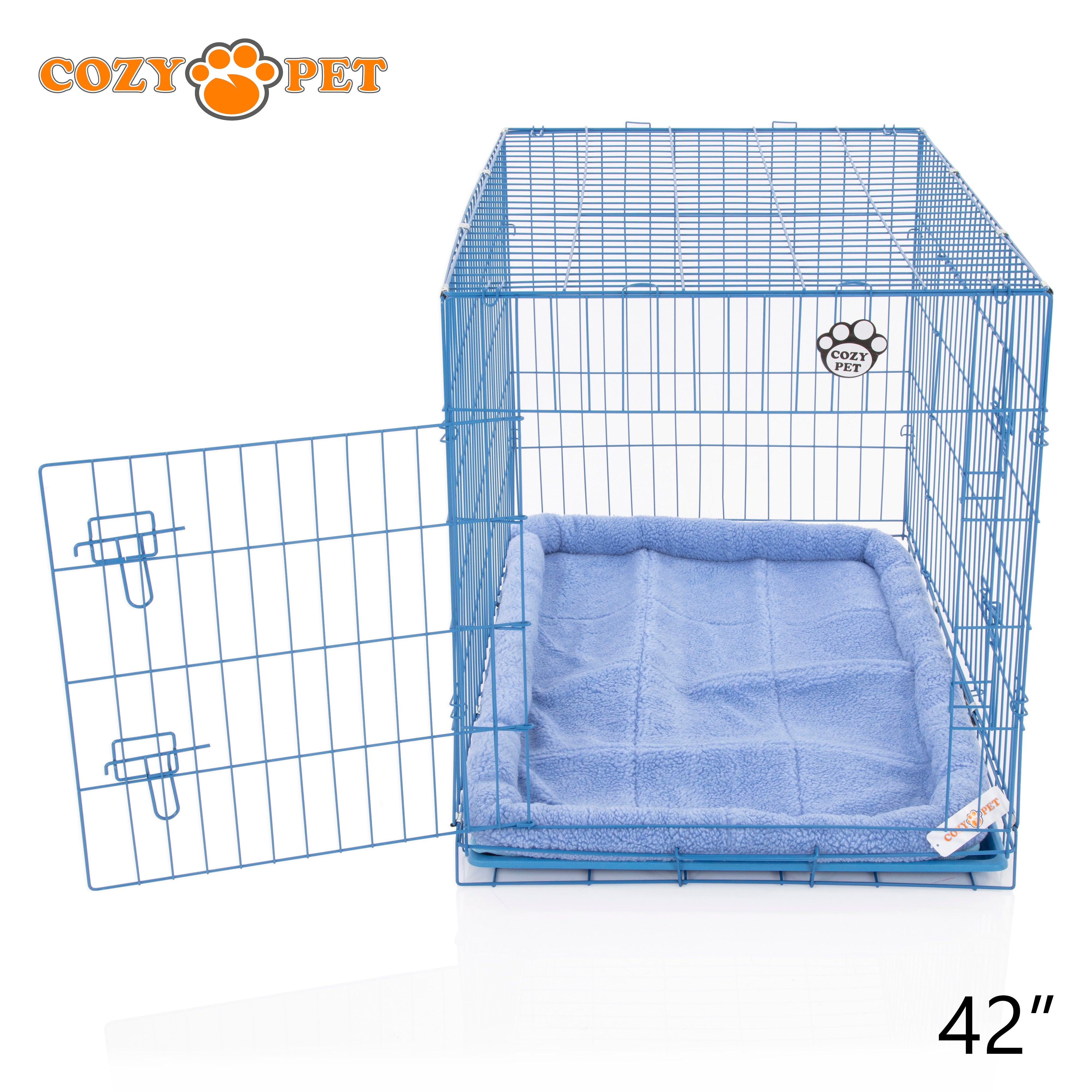 42" Cozy Pet Dog Cage in Blue with ABS Tray and Faux Sheepskin Bed - DCP42BL + SB42BL