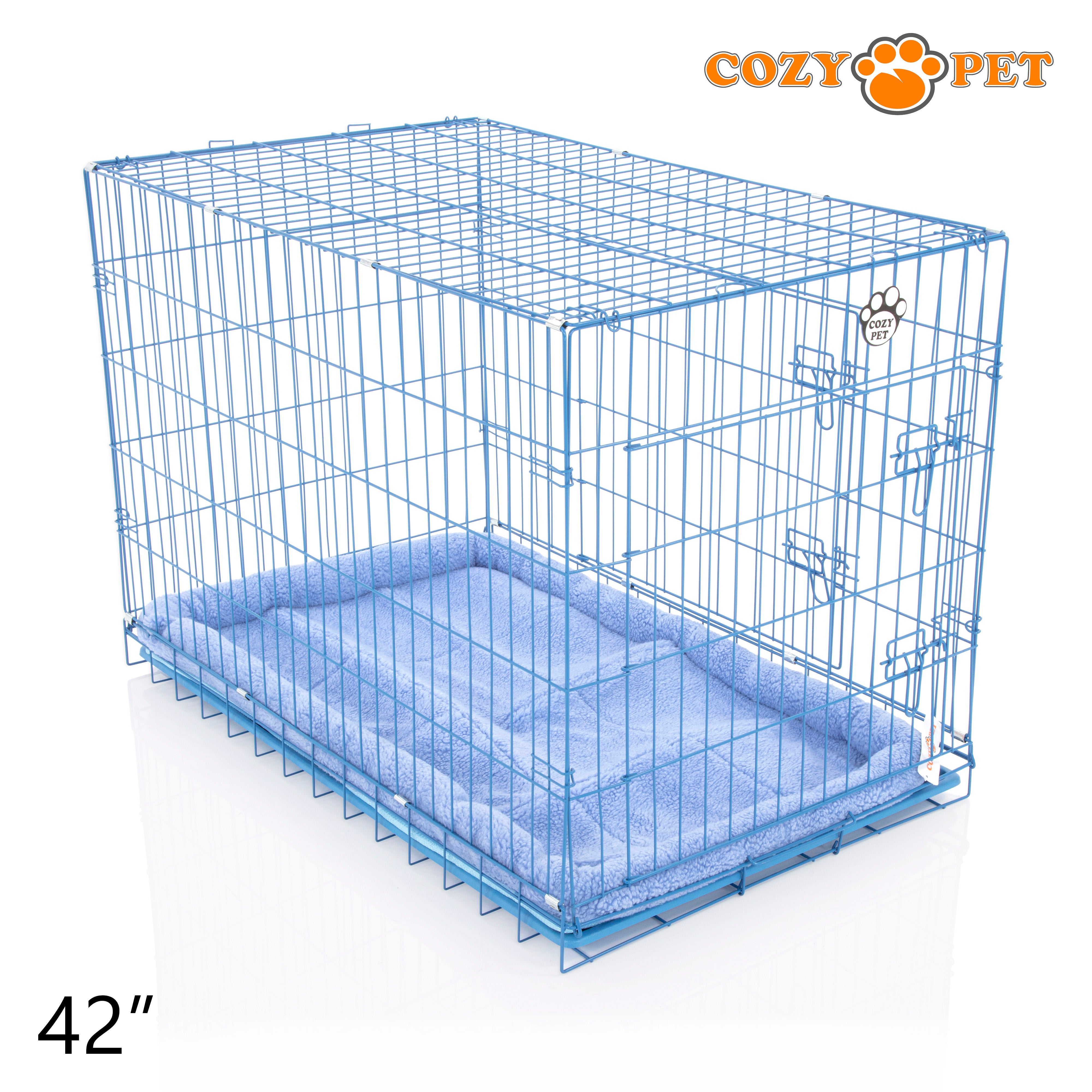 42" Cozy Pet Dog Cage in Blue with ABS Tray and Faux Sheepskin Bed - DCP42BL + SB42BL