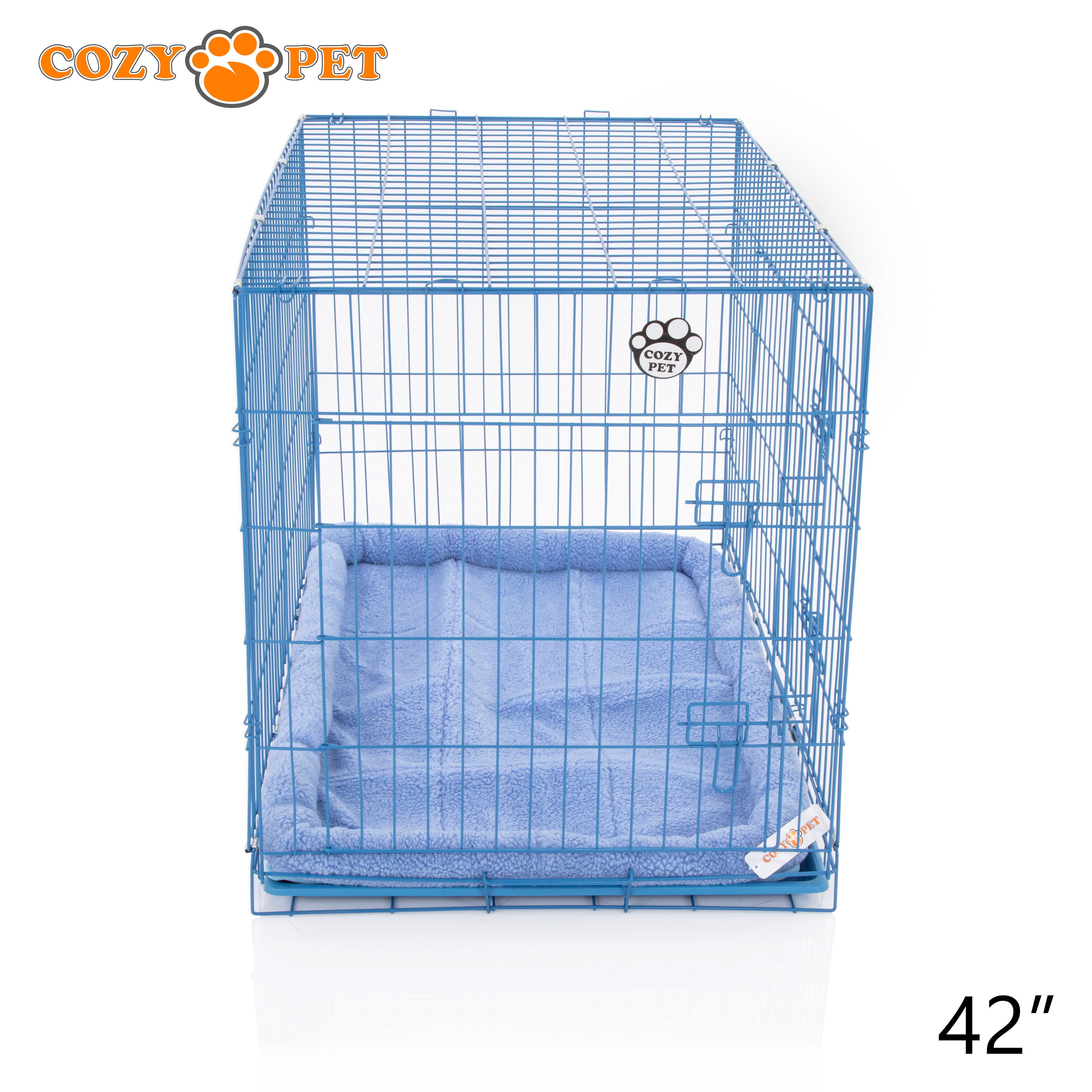 42" Cozy Pet Dog Cage in Blue with ABS Tray and Faux Sheepskin Bed - DCP42BL + SB42BL