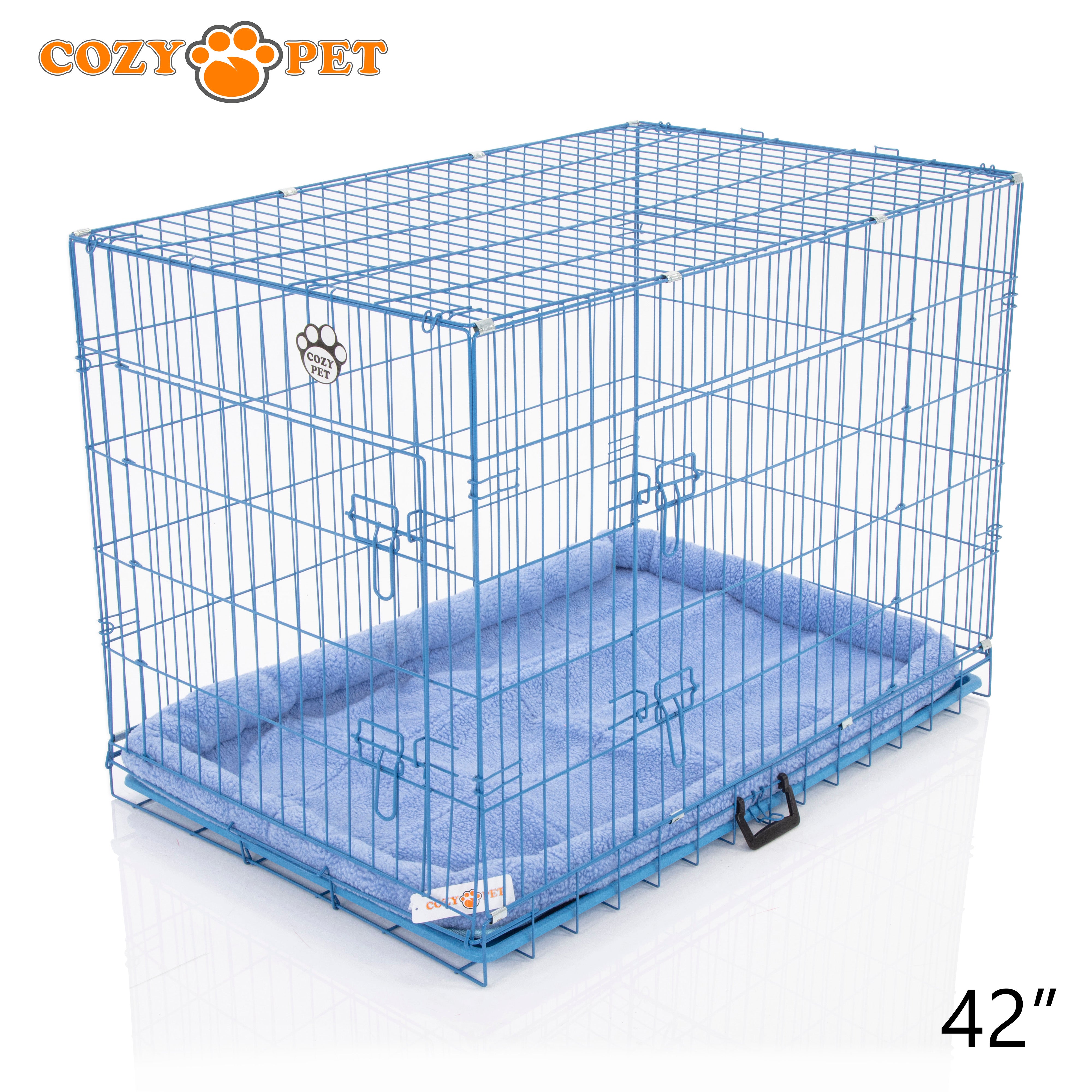 42" Cozy Pet Dog Cage in Blue with ABS Tray and Faux Sheepskin Bed - DCP42BL + SB42BL