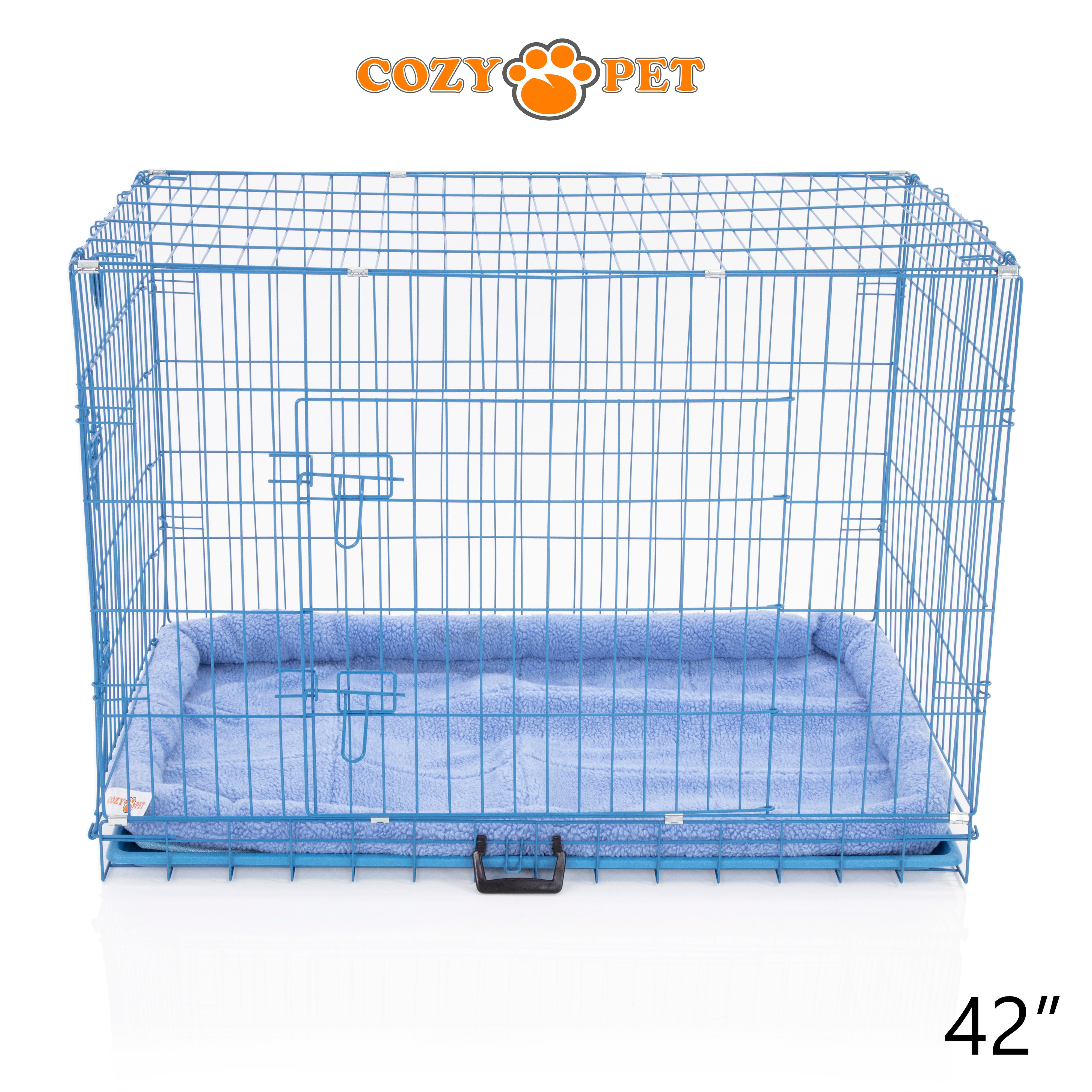 42" Cozy Pet Dog Cage in Blue with ABS Tray and Faux Sheepskin Bed - DCP42BL + SB42BL