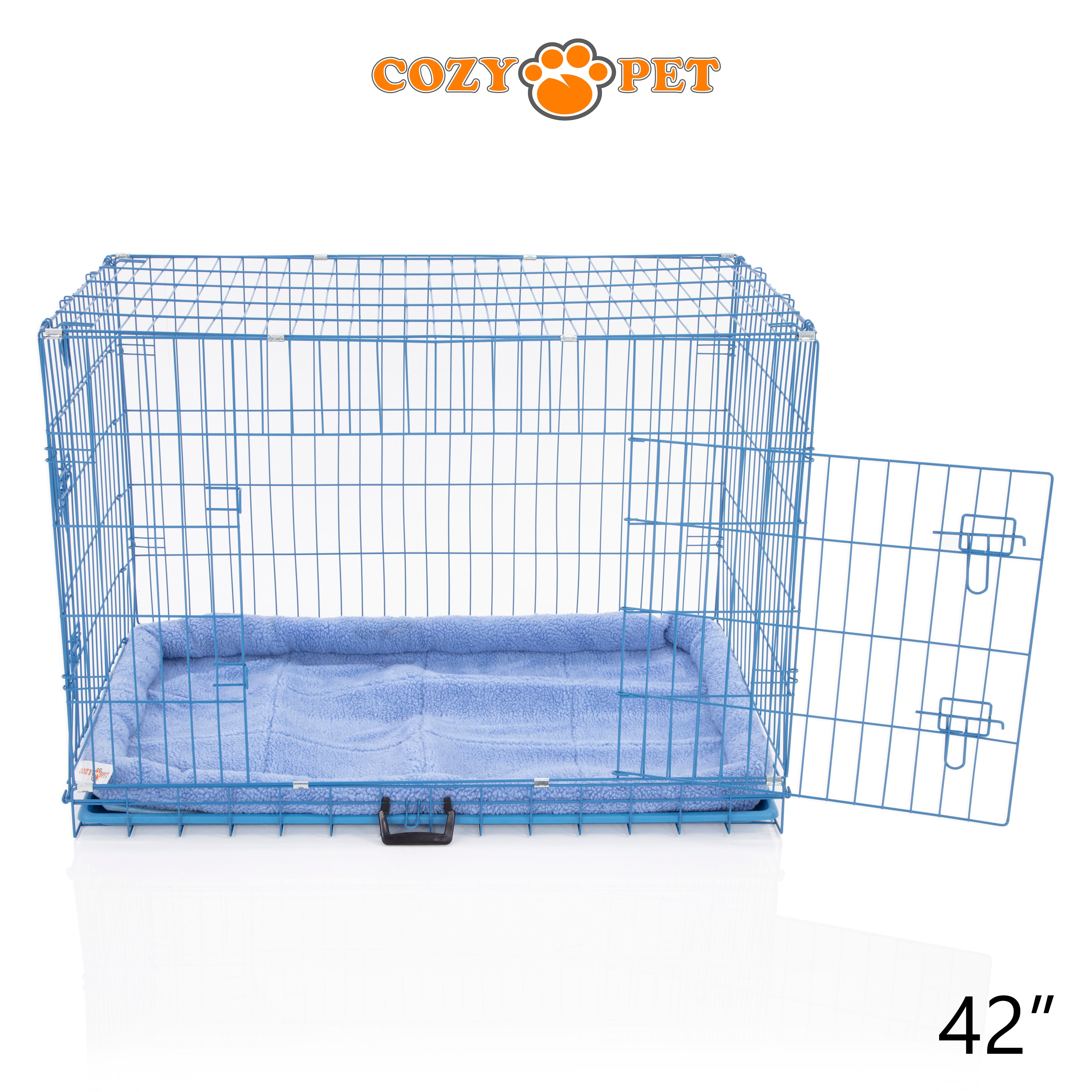 42" Cozy Pet Dog Cage in Blue with ABS Tray and Faux Sheepskin Bed - DCP42BL + SB42BL