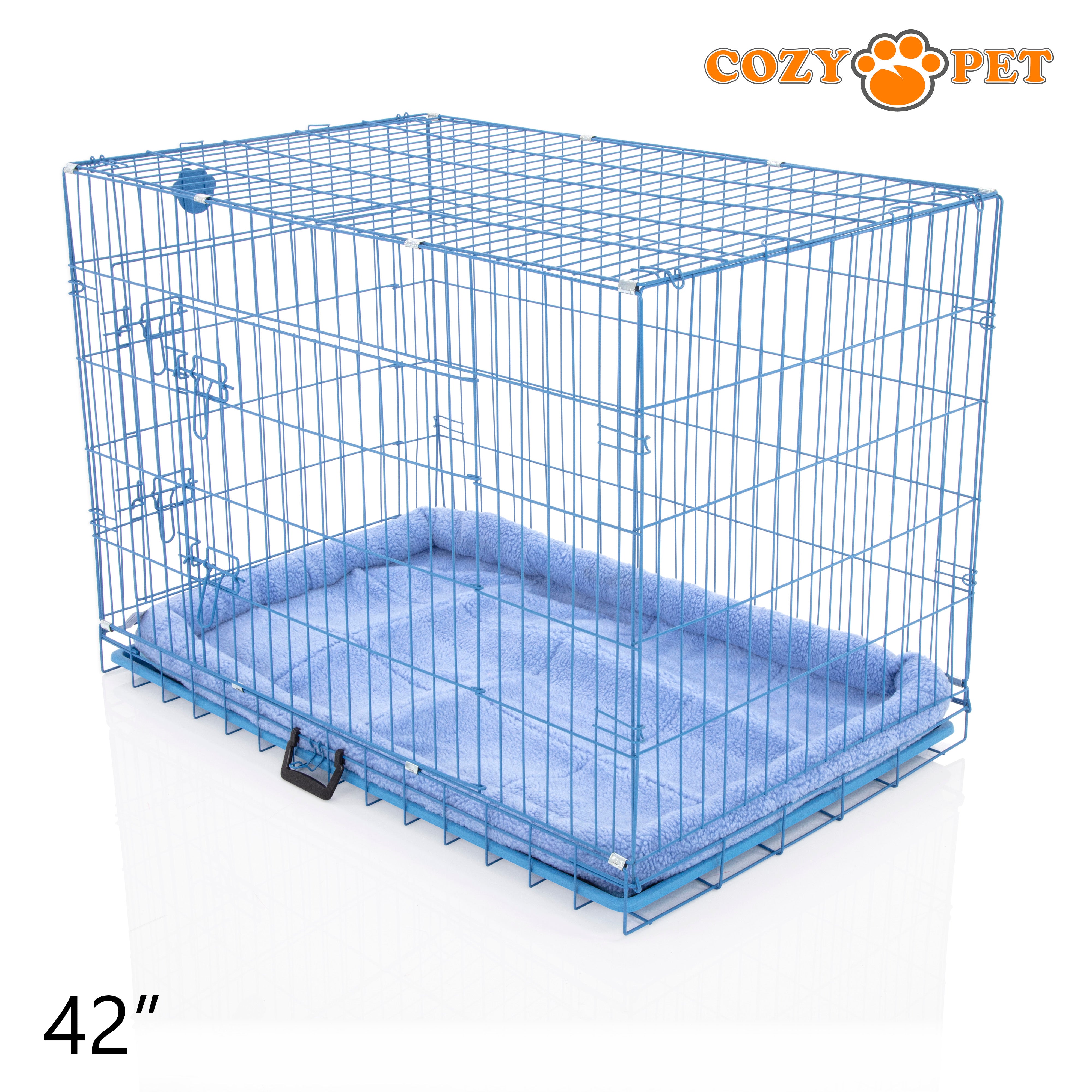 42" Cozy Pet Dog Cage in Blue with ABS Tray and Faux Sheepskin Bed - DCP42BL + SB42BL