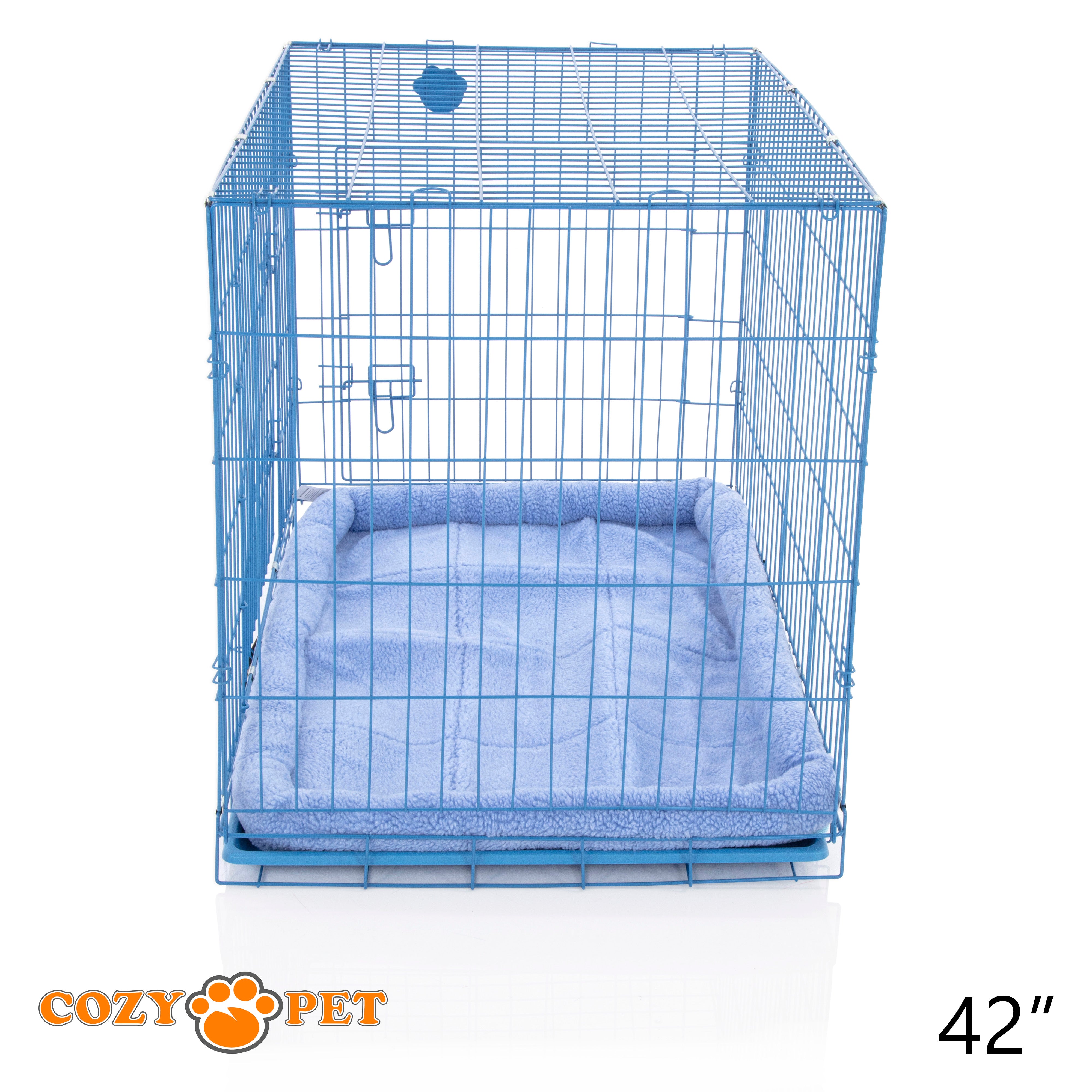 42" Cozy Pet Dog Cage in Blue with ABS Tray and Faux Sheepskin Bed - DCP42BL + SB42BL