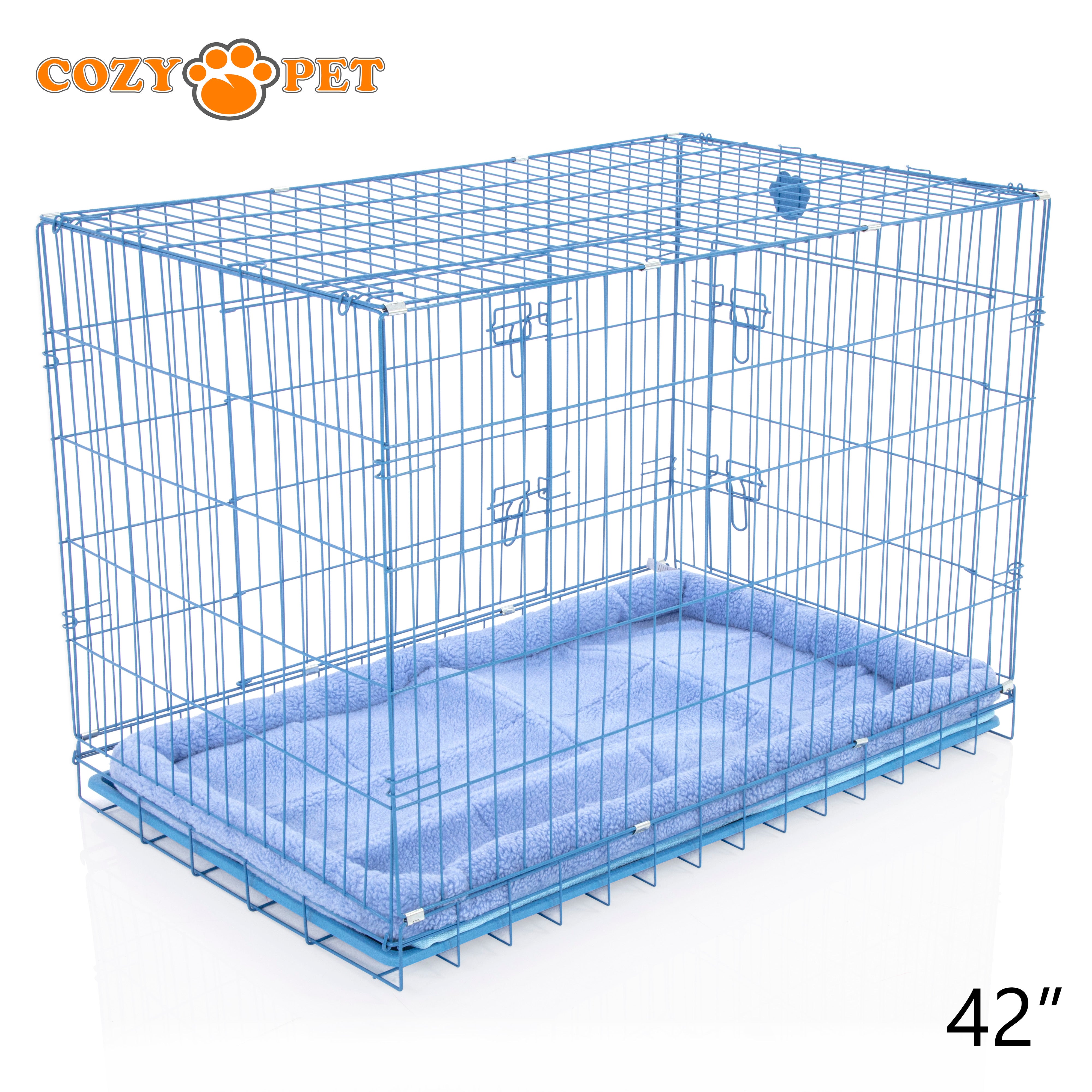 42" Cozy Pet Dog Cage in Blue with ABS Tray and Faux Sheepskin Bed - DCP42BL + SB42BL