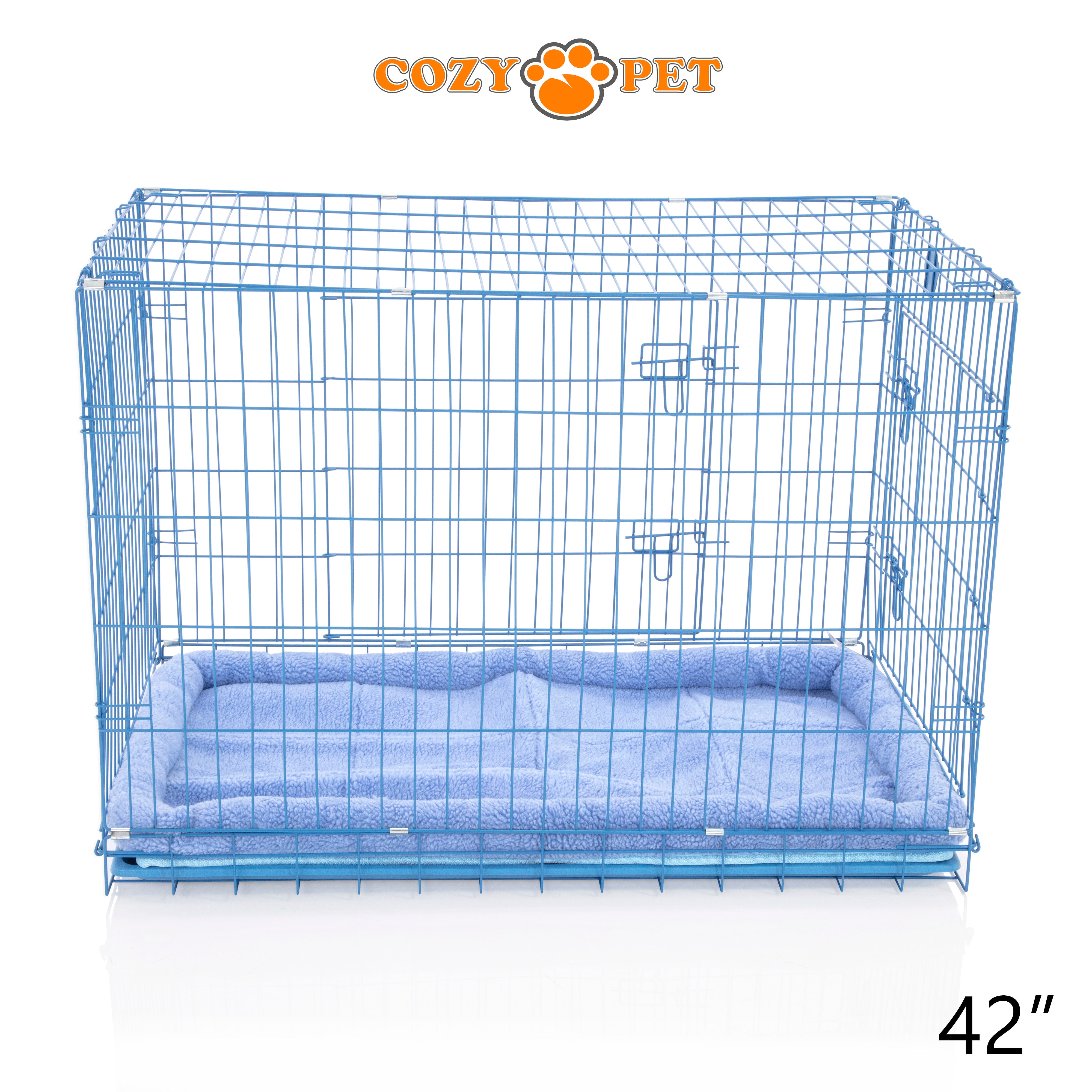 42" Cozy Pet Dog Cage in Blue with ABS Tray and Faux Sheepskin Bed - DCP42BL + SB42BL