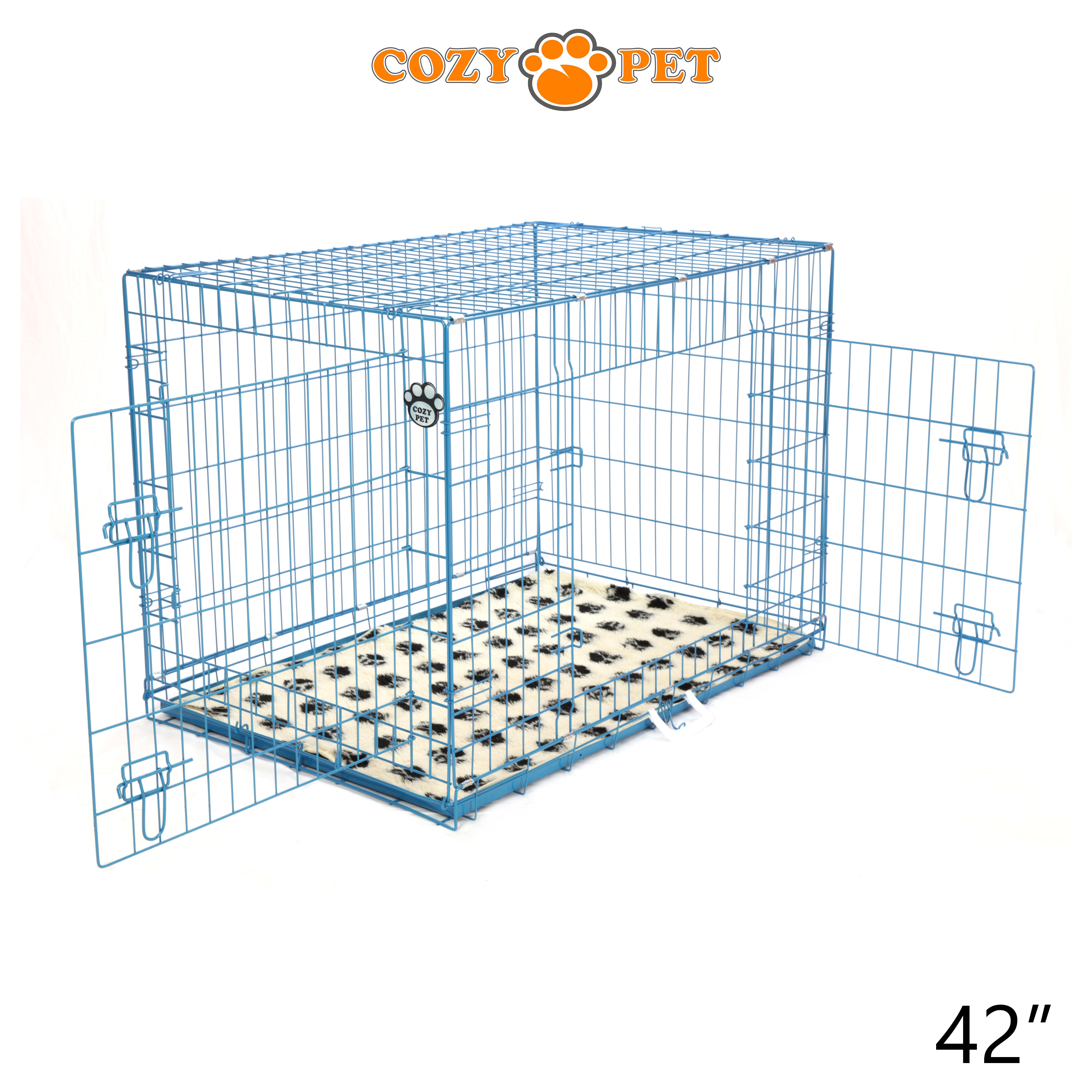 42" Cozy Pet Dog Cage in Blue with ABS Tray and Tailored Vet Bed - DCP42BL + VB42C