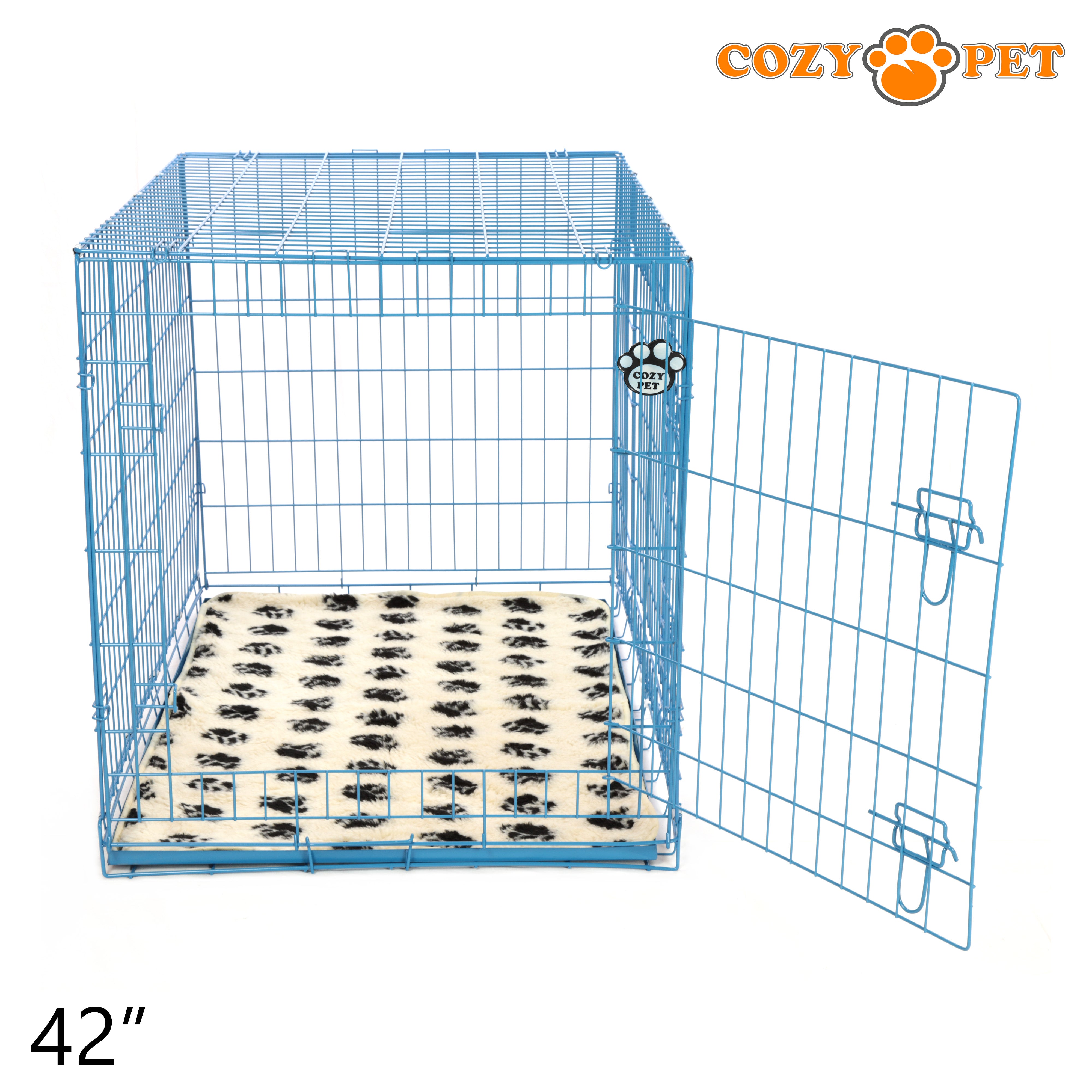 42" Cozy Pet Dog Cage in Blue with ABS Tray and Tailored Vet Bed - DCP42BL + VB42C