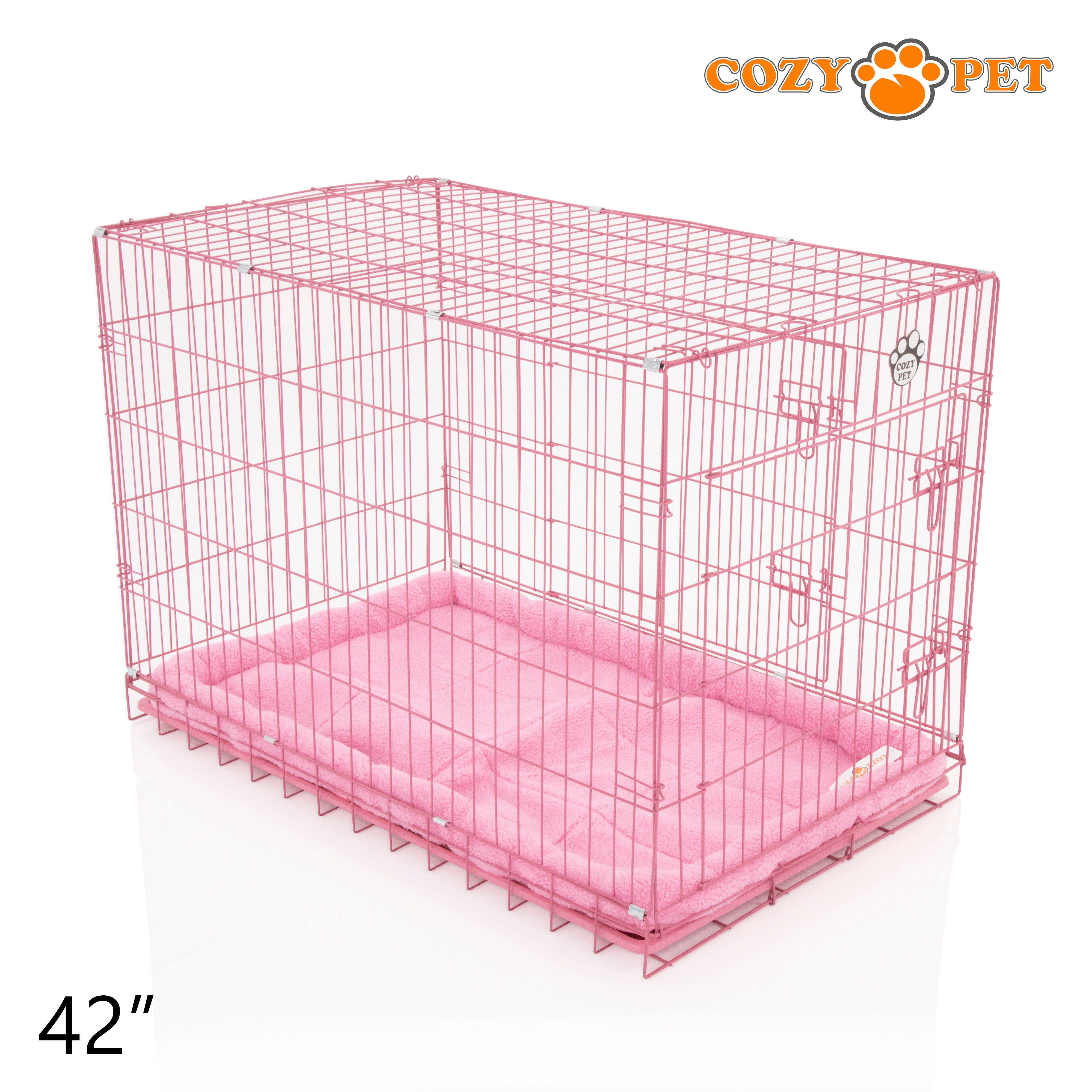 42" Cozy Pet Dog Cage in Pink with ABS Tray and Faux Sheepskin Bed - DCP42P + SB42P