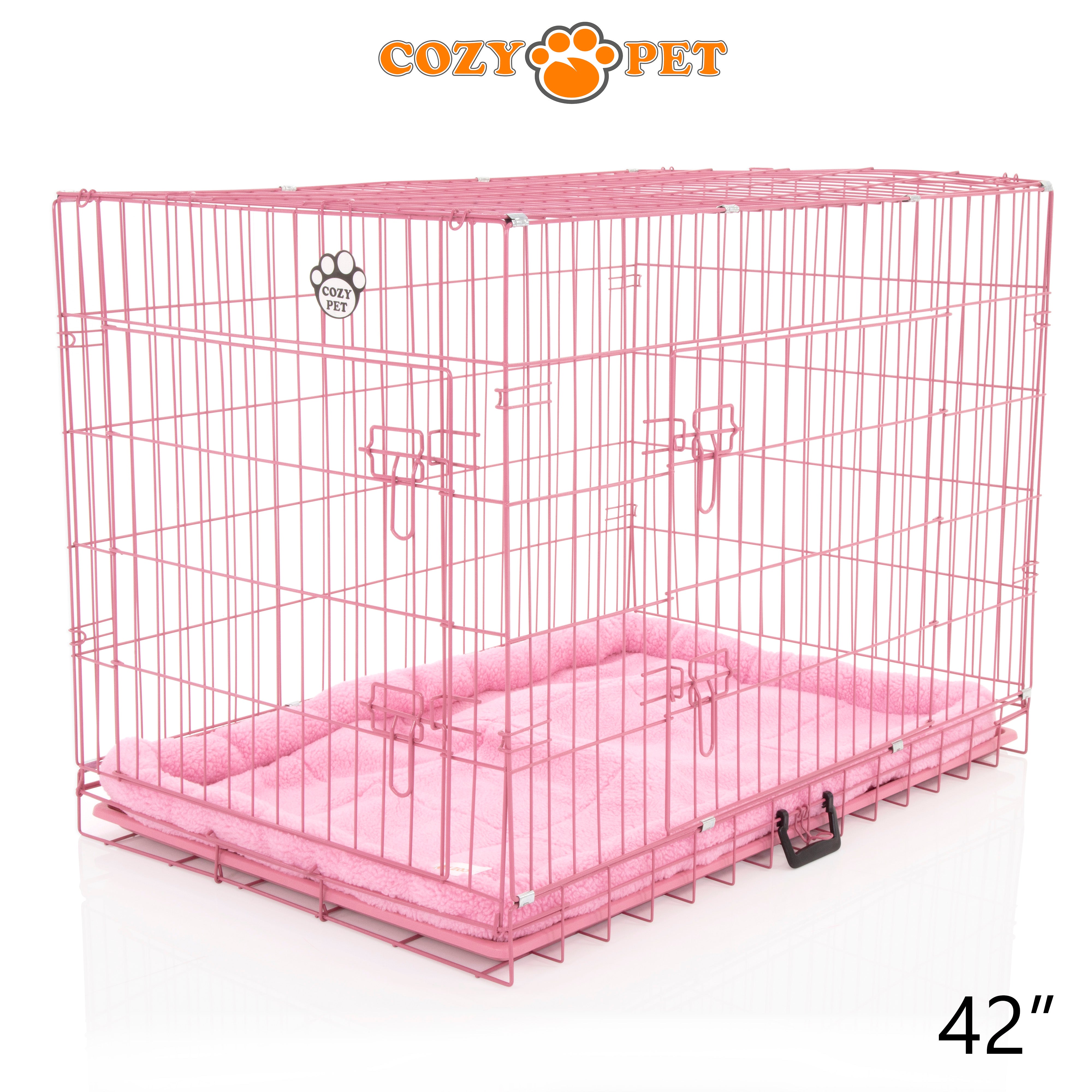 42" Cozy Pet Dog Cage in Pink with ABS Tray and Faux Sheepskin Bed - DCP42P + SB42P