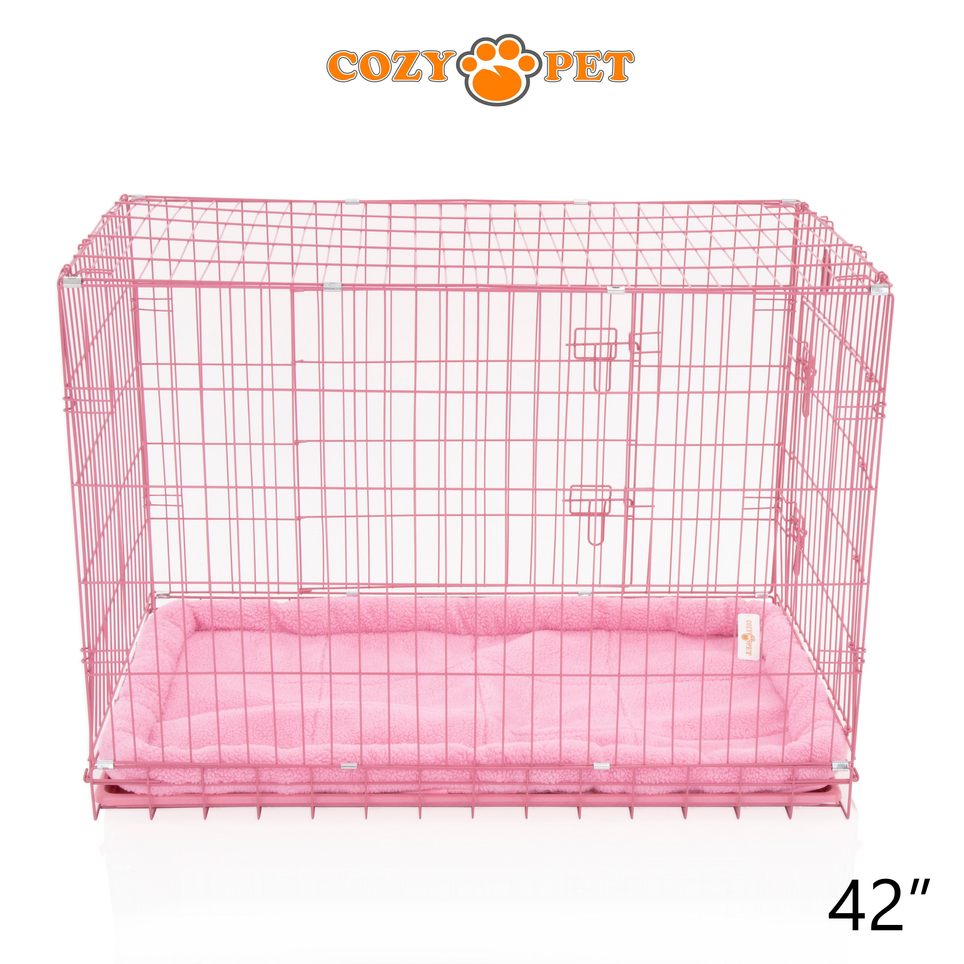 42" Cozy Pet Dog Cage in Pink with ABS Tray and Faux Sheepskin Bed - DCP42P + SB42P