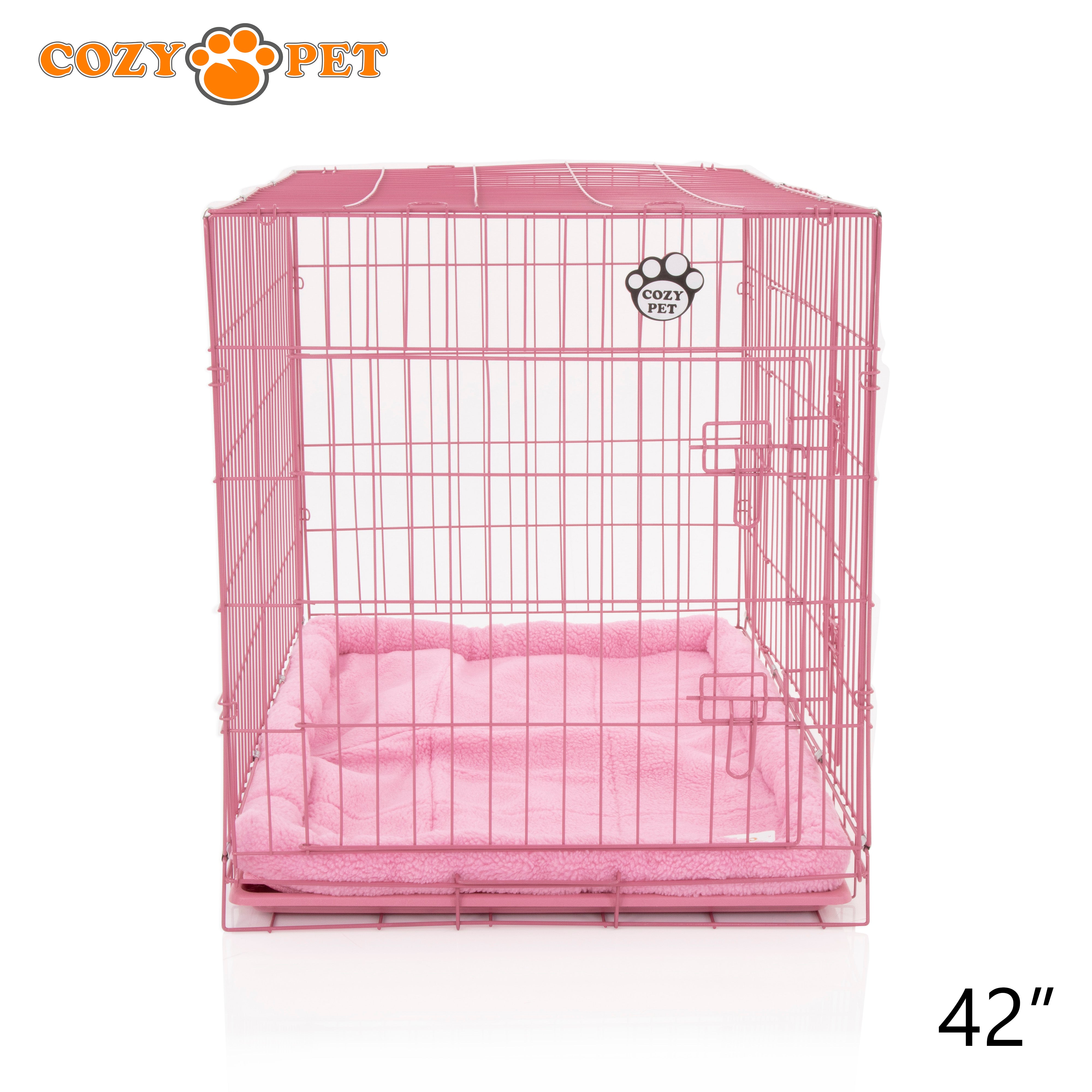 42" Cozy Pet Dog Cage in Pink with ABS Tray and Faux Sheepskin Bed - DCP42P + SB42P