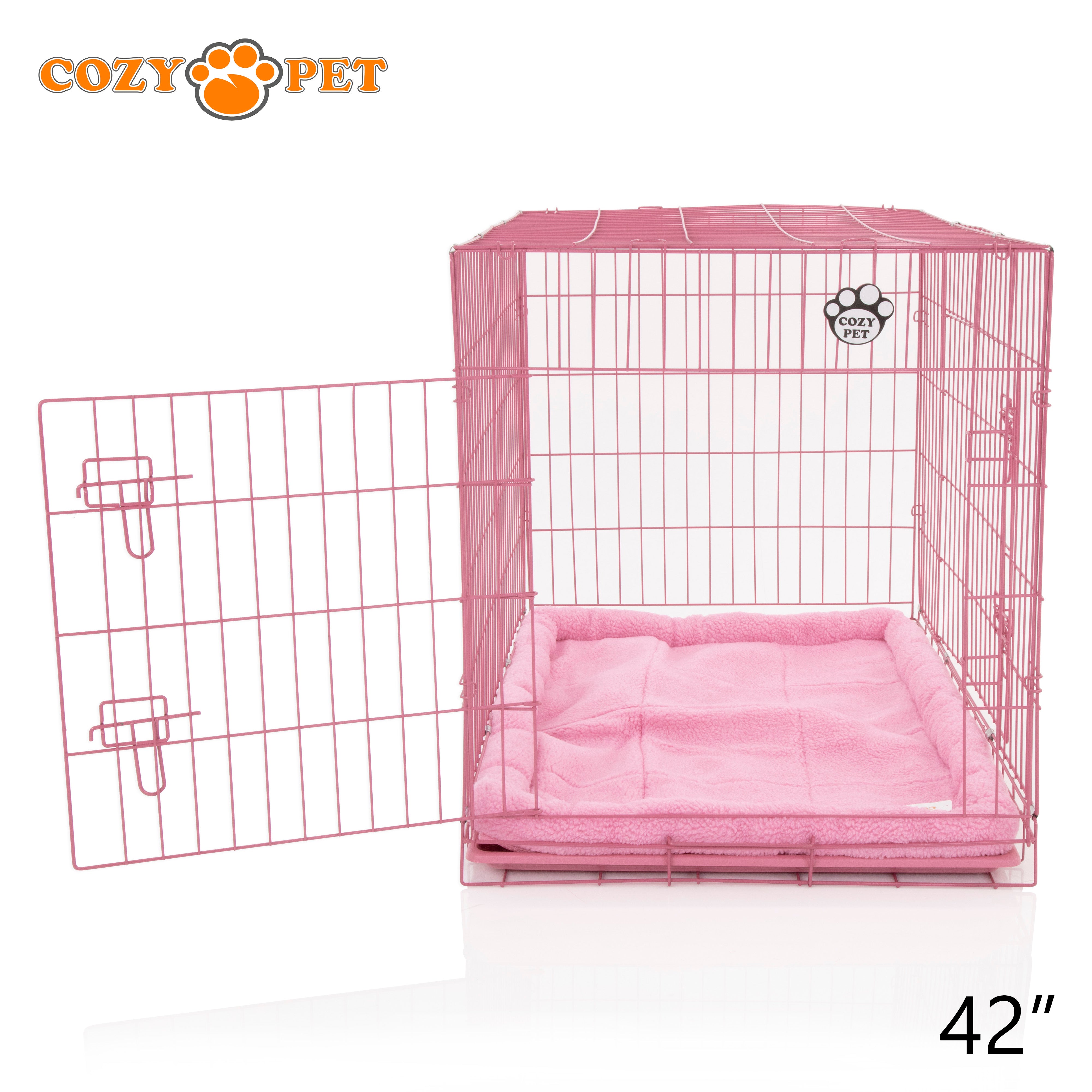 42" Cozy Pet Dog Cage in Pink with ABS Tray and Faux Sheepskin Bed - DCP42P + SB42P