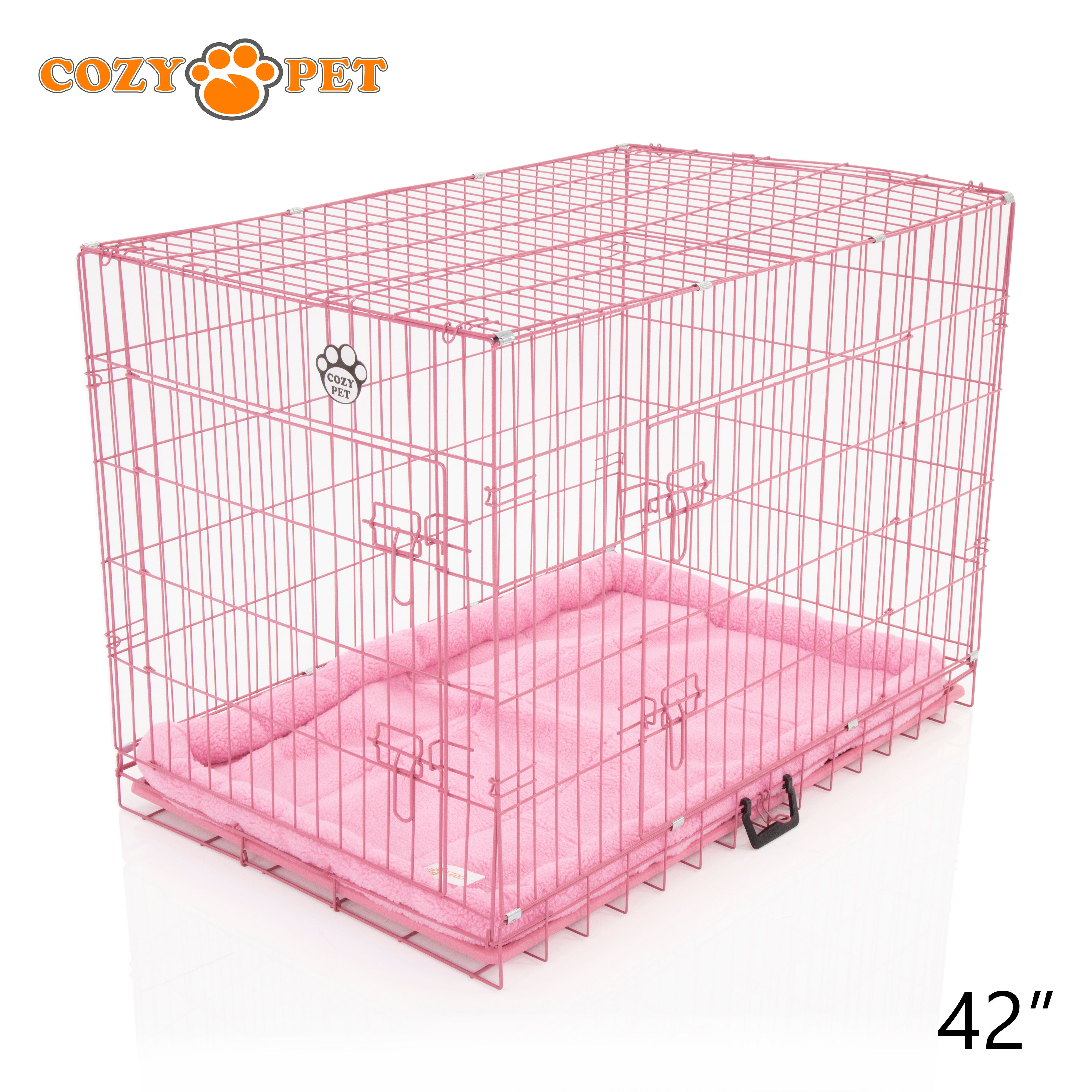 42" Cozy Pet Dog Cage in Pink with ABS Tray and Faux Sheepskin Bed - DCP42P + SB42P