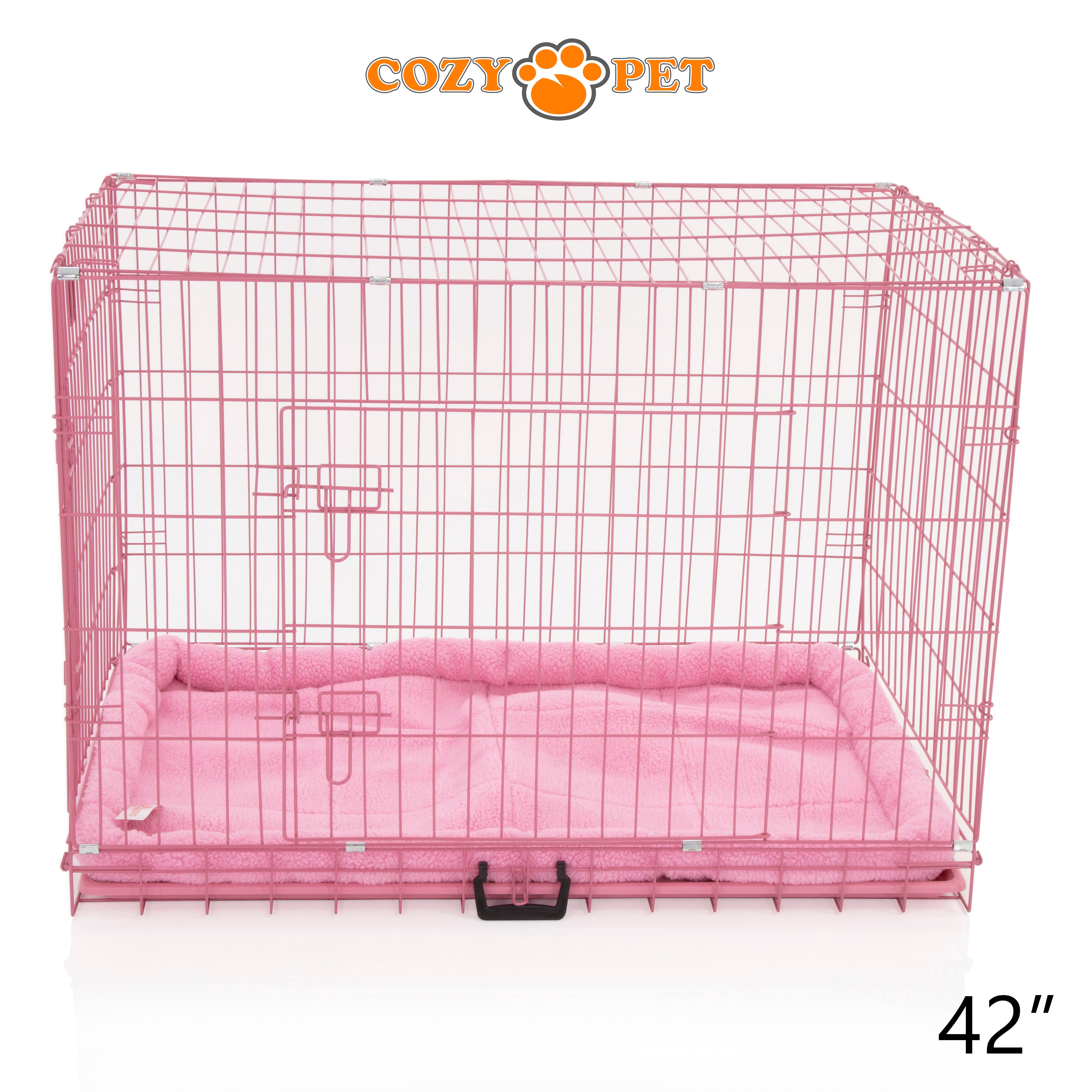 42" Cozy Pet Dog Cage in Pink with ABS Tray and Faux Sheepskin Bed - DCP42P + SB42P