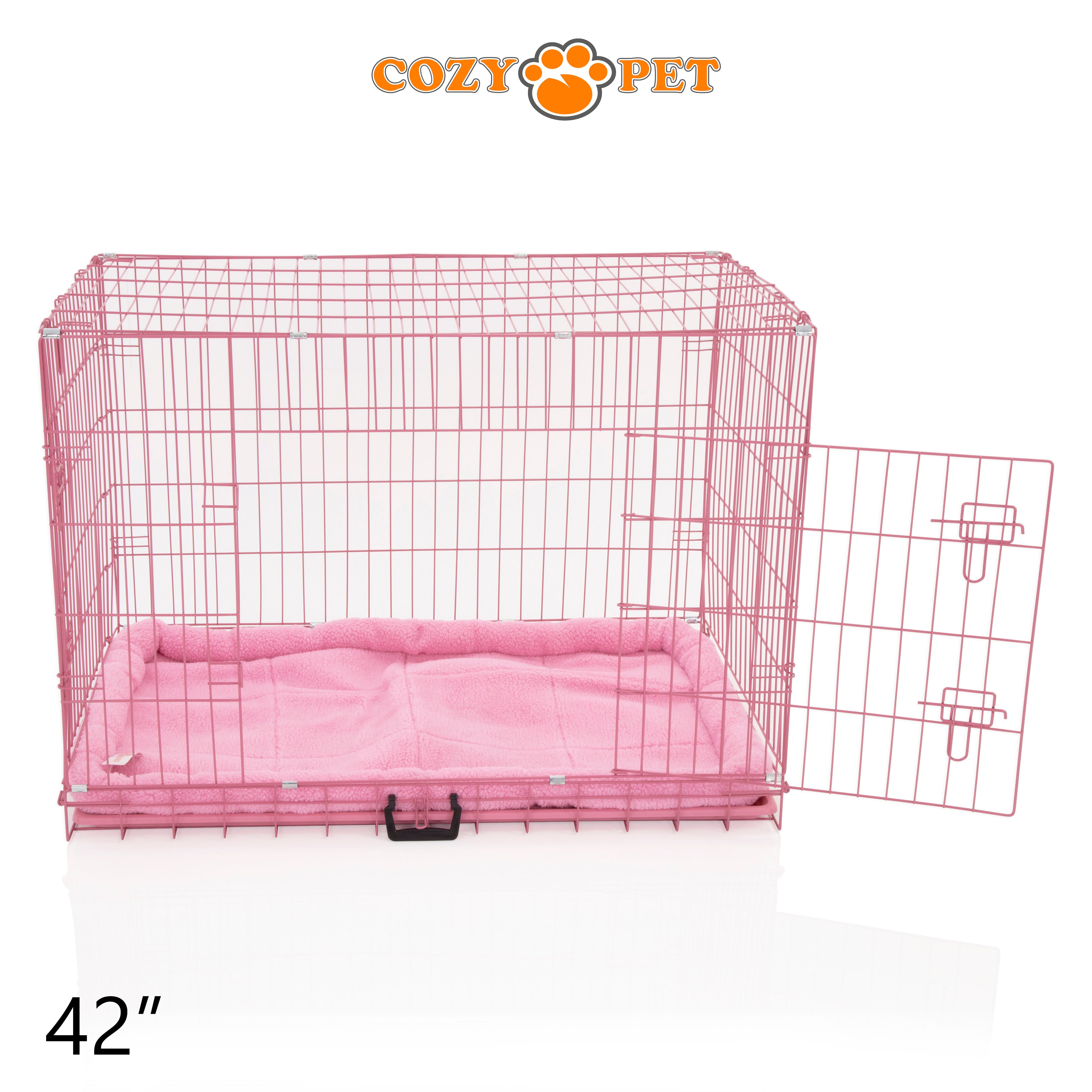 42" Cozy Pet Dog Cage in Pink with ABS Tray and Faux Sheepskin Bed - DCP42P + SB42P