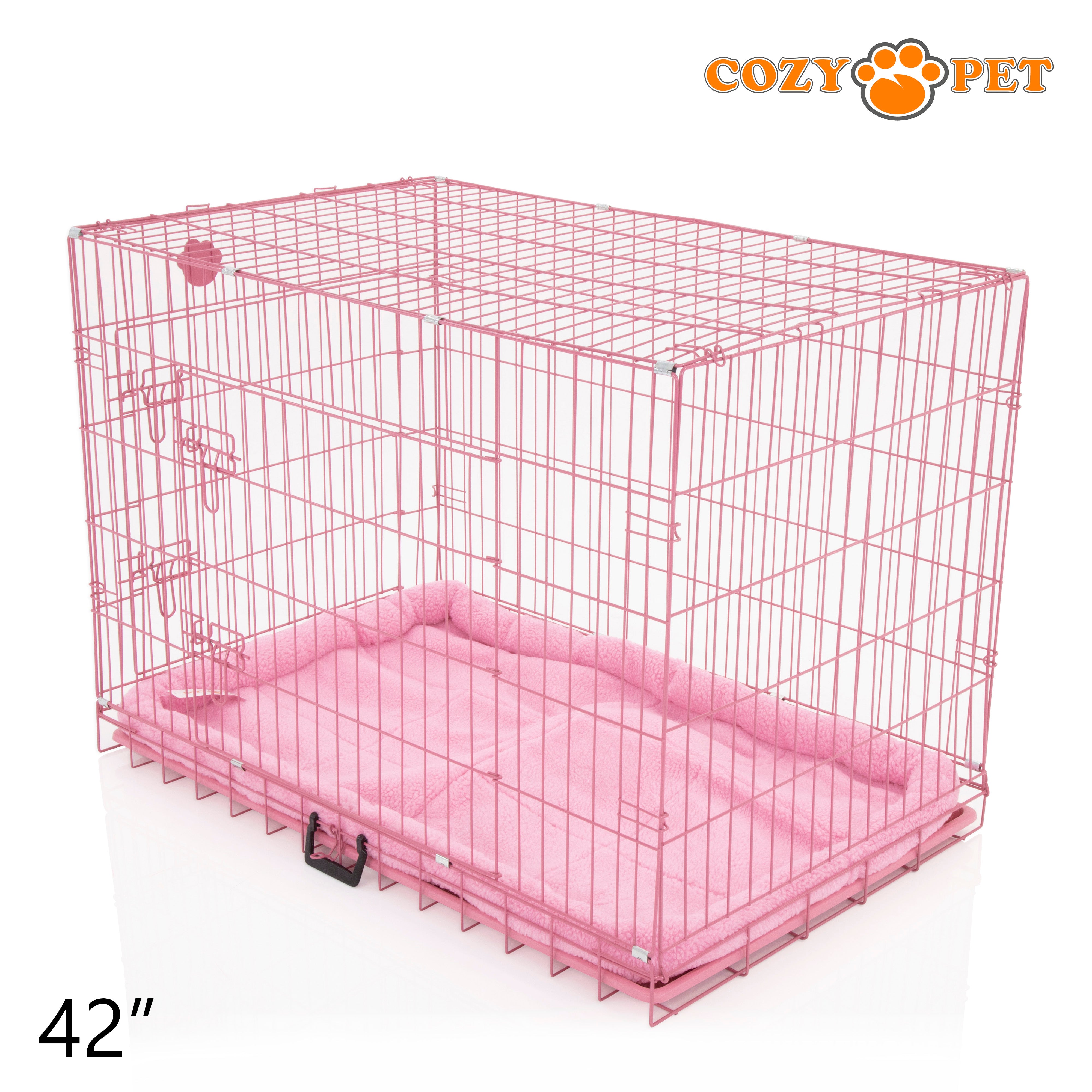 42" Cozy Pet Dog Cage in Pink with ABS Tray and Faux Sheepskin Bed - DCP42P + SB42P