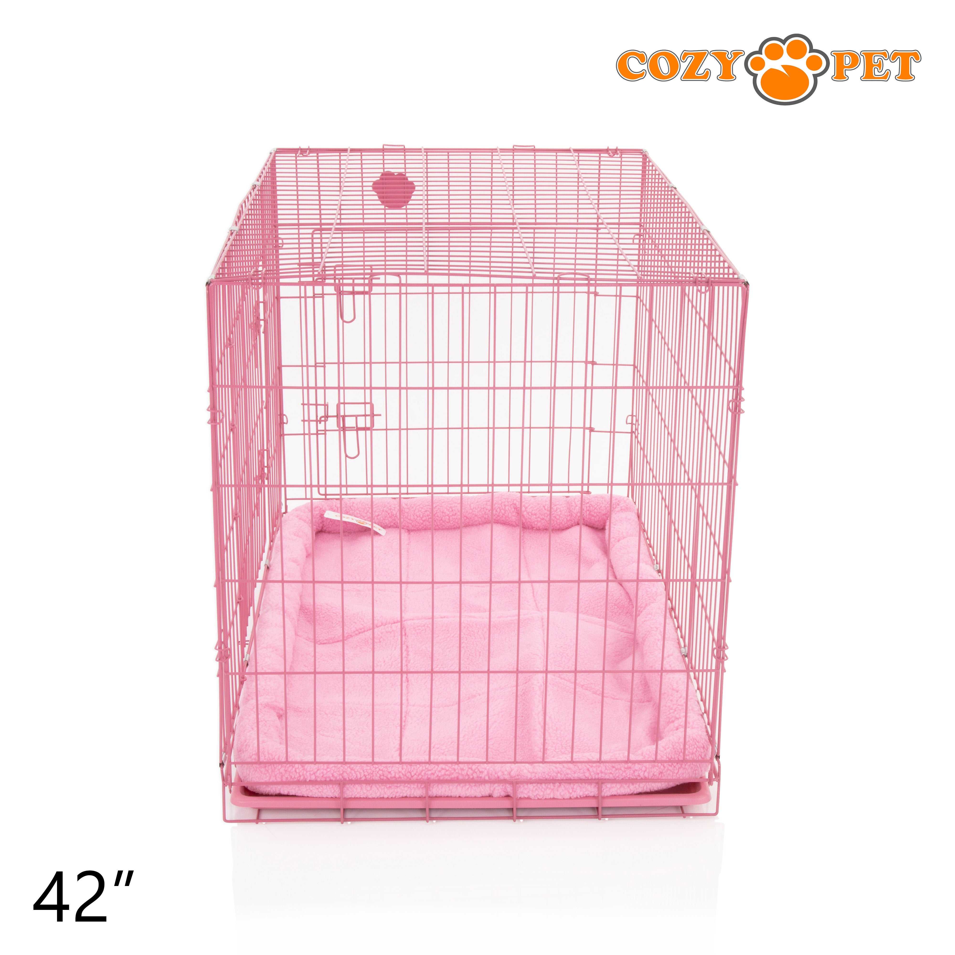 42" Cozy Pet Dog Cage in Pink with ABS Tray and Faux Sheepskin Bed - DCP42P + SB42P