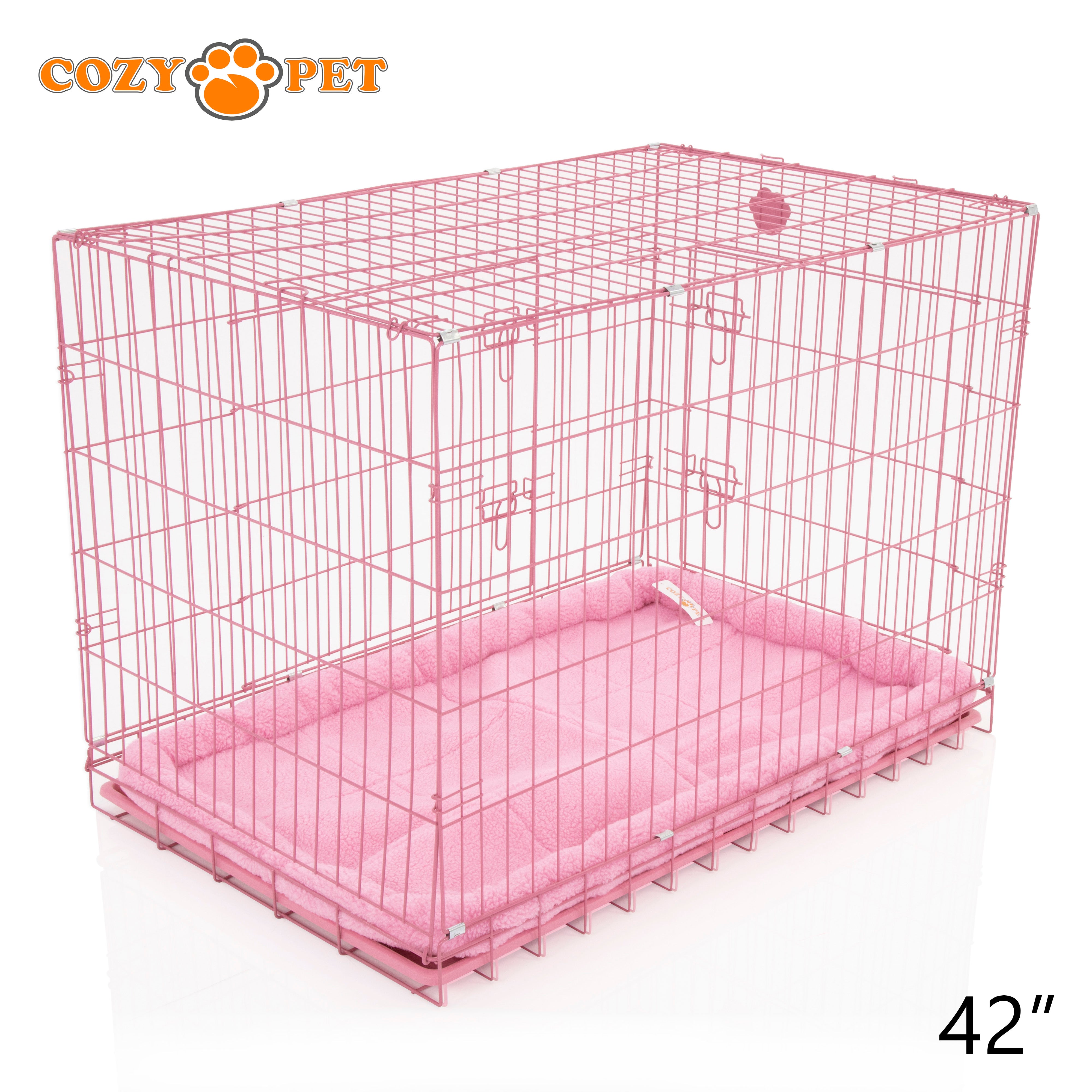 42" Cozy Pet Dog Cage in Pink with ABS Tray and Faux Sheepskin Bed - DCP42P + SB42P