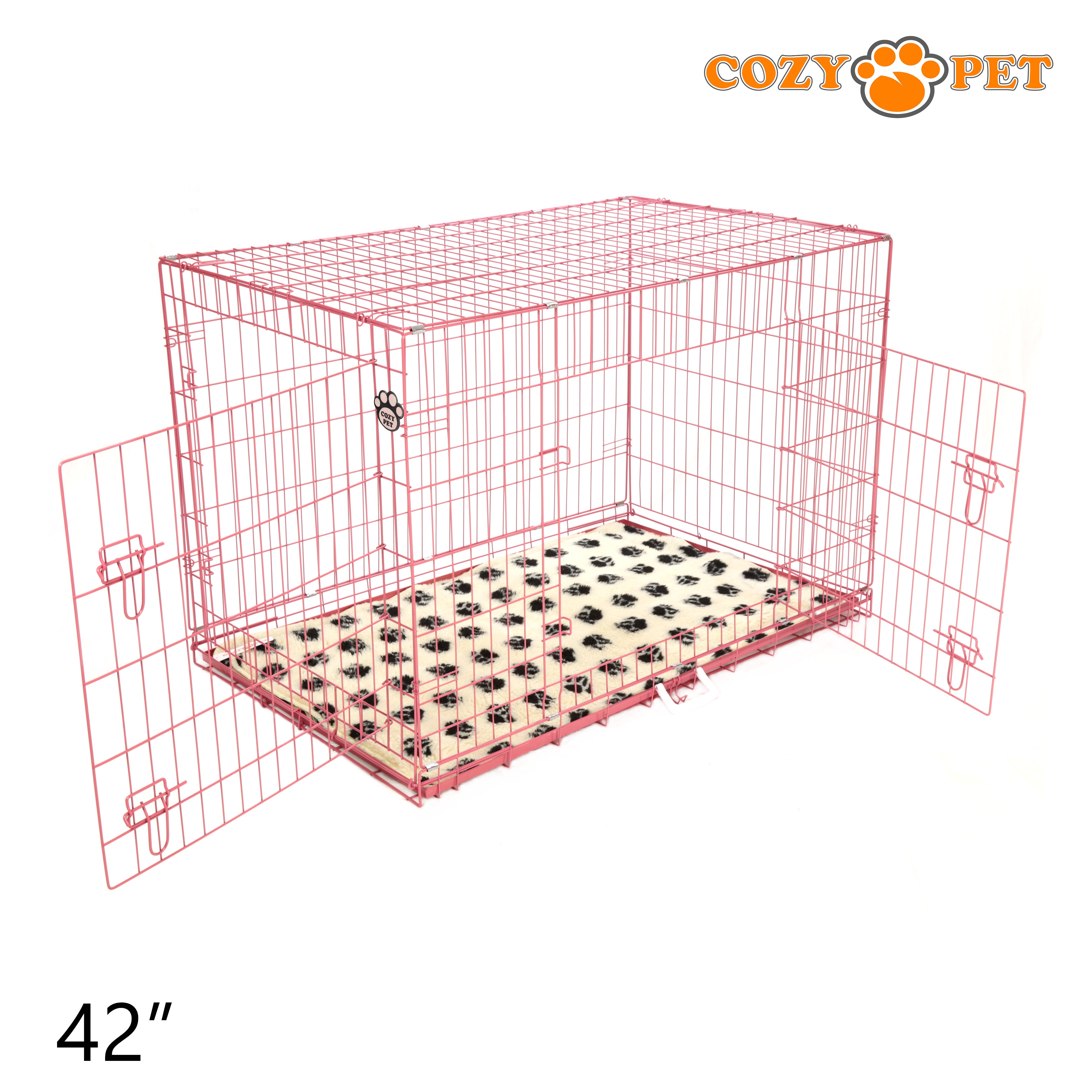 42" Cozy Pet Dog Cage in Pink with ABS Tray and Tailored Vet Bed - DCP42P + VB42C