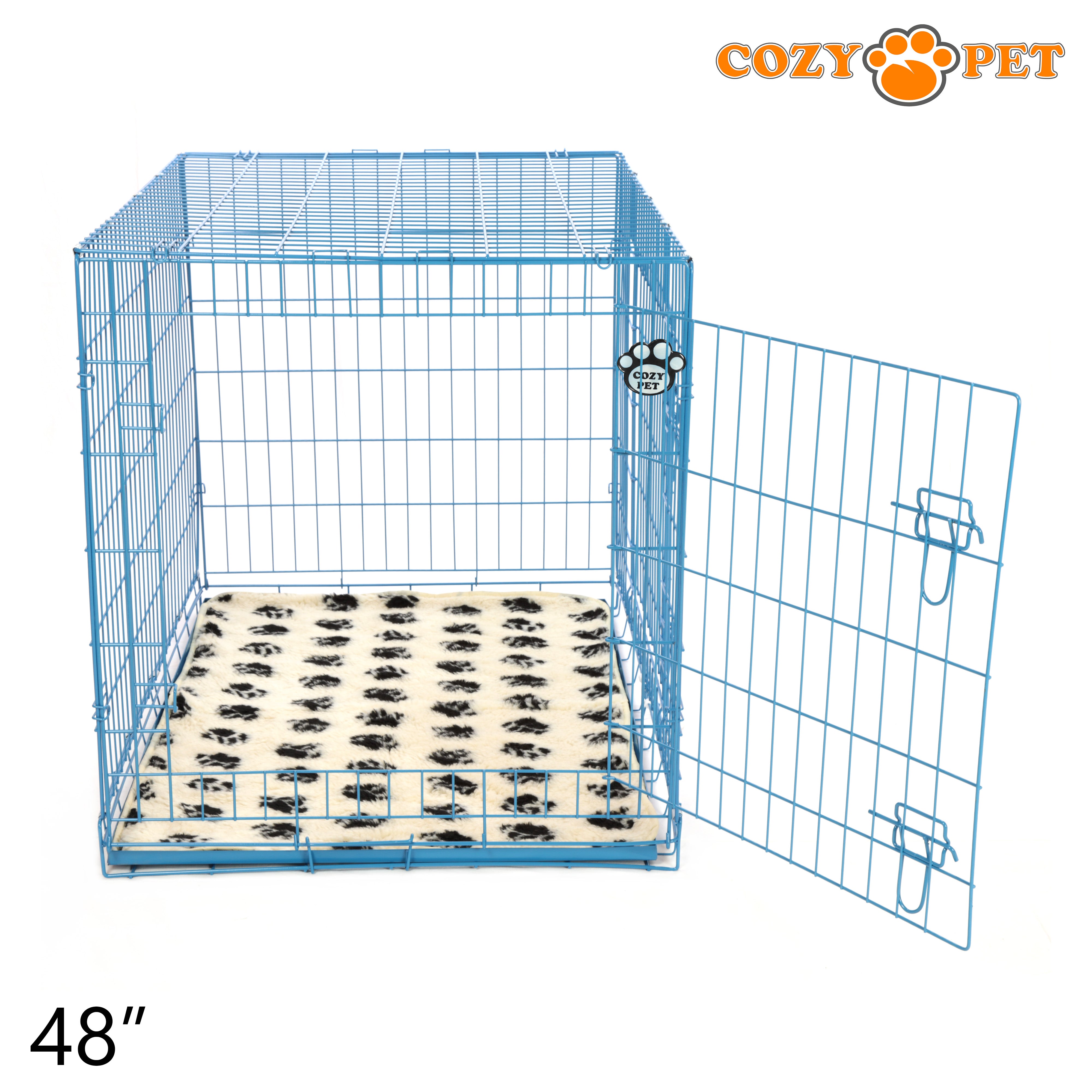 48" Cozy Pet Dog Cage in Blue with ABS Tray and Tailored Vet Bed - DCP48BL + VB48C