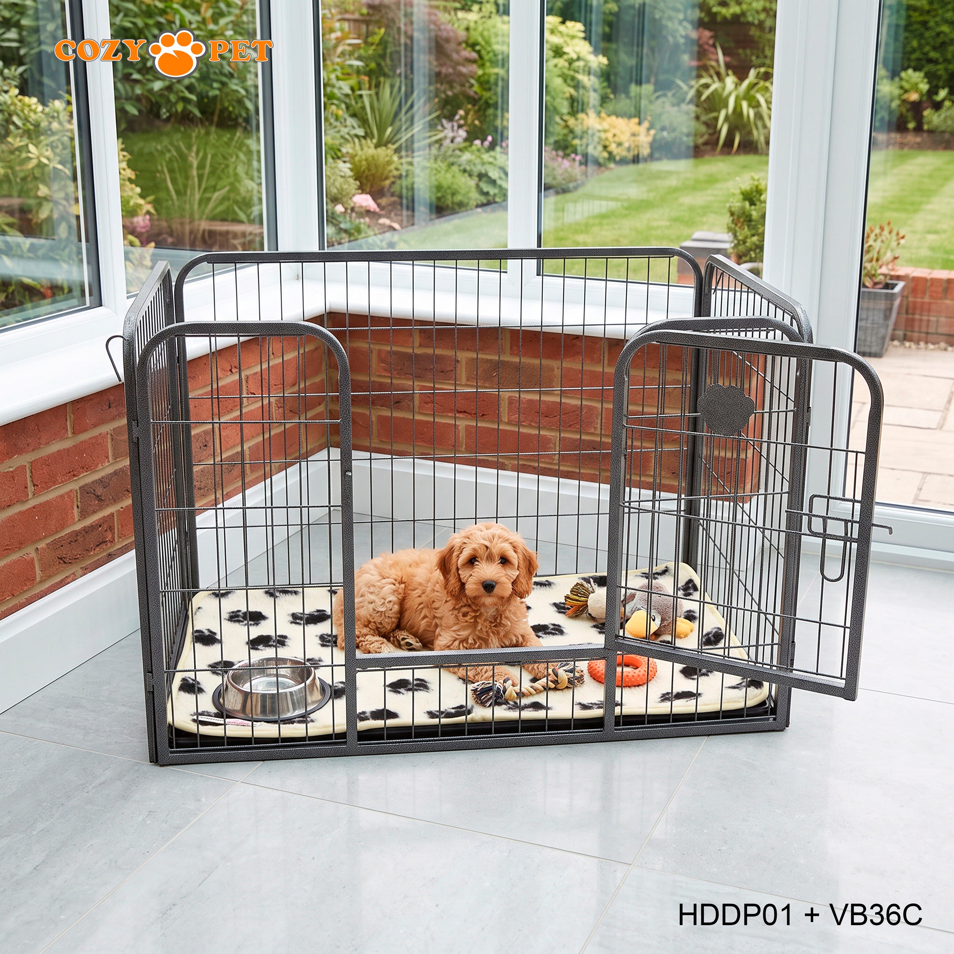 Cozy Pet Heavy Duty Playpen with ABS Tray and Vet Bed 61cm Tall Dog Crate Model HDDP01 + VB36C