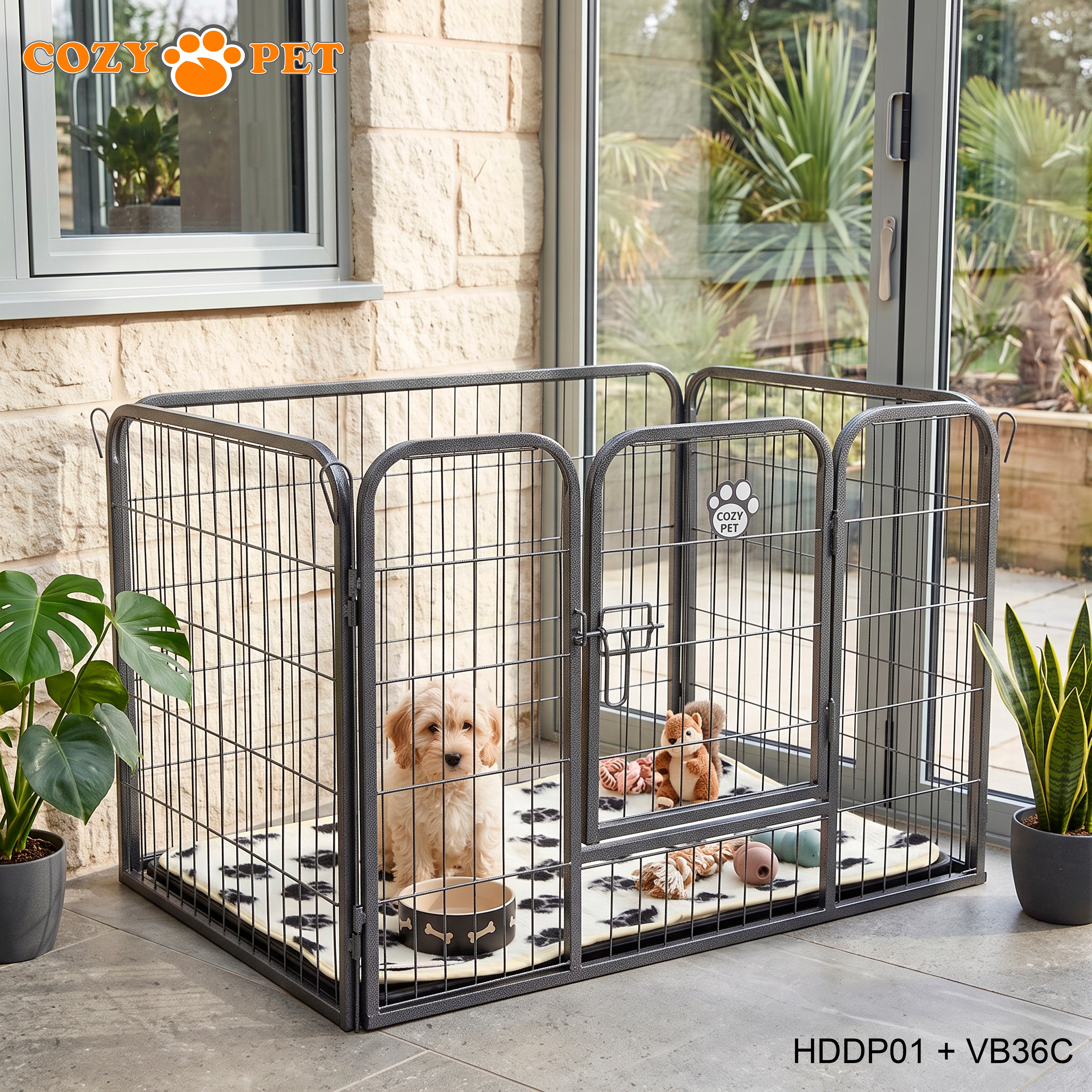 Cozy Pet Heavy Duty Playpen with ABS Tray and Vet Bed 61cm Tall Dog Crate Model HDDP01 + VB36C