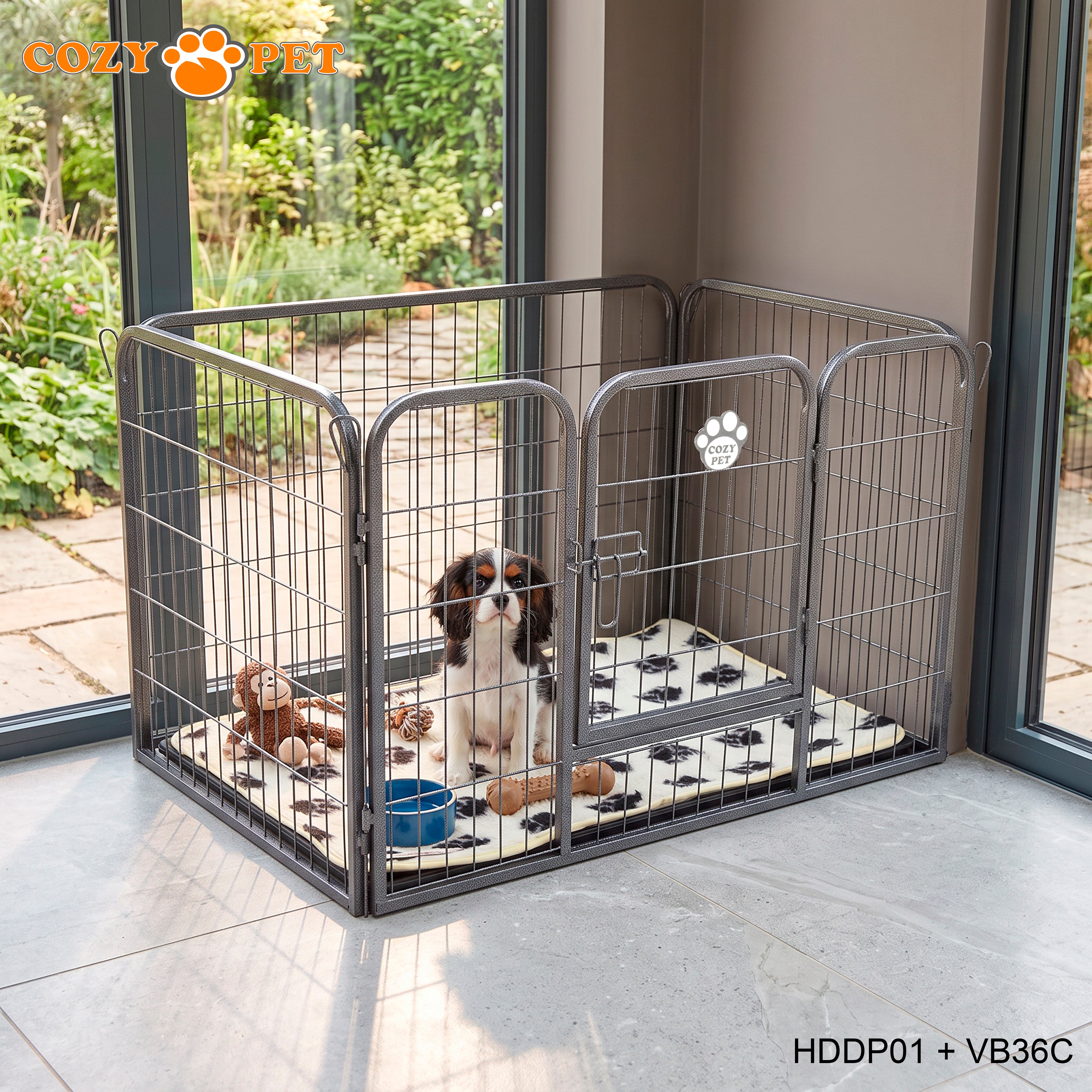 Cozy Pet Heavy Duty Playpen with ABS Tray and Vet Bed 61cm Tall Dog Crate Model HDDP01 + VB36C