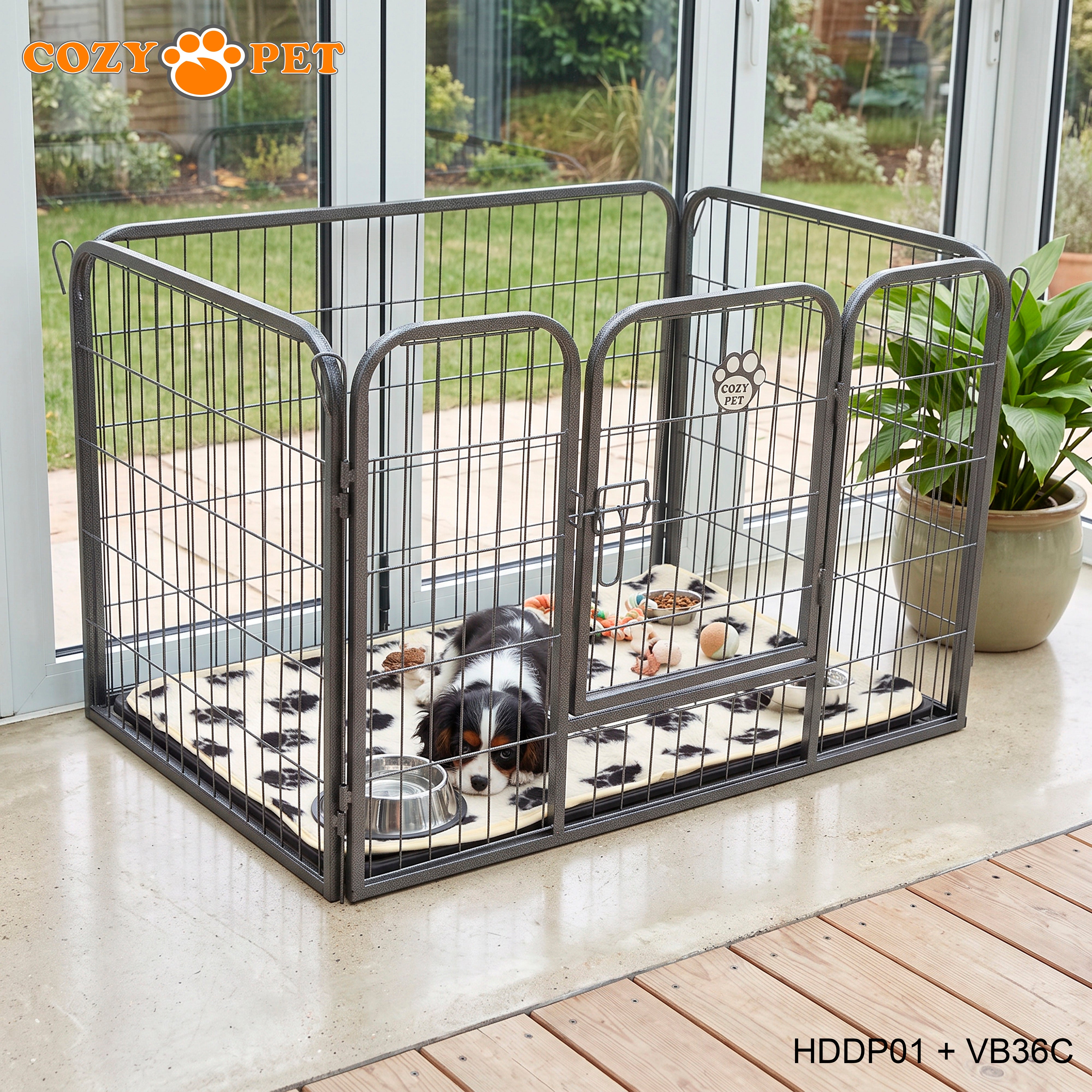 Cozy Pet Heavy Duty Playpen with ABS Tray and Vet Bed 61cm Tall Dog Crate Model HDDP01 + VB36C
