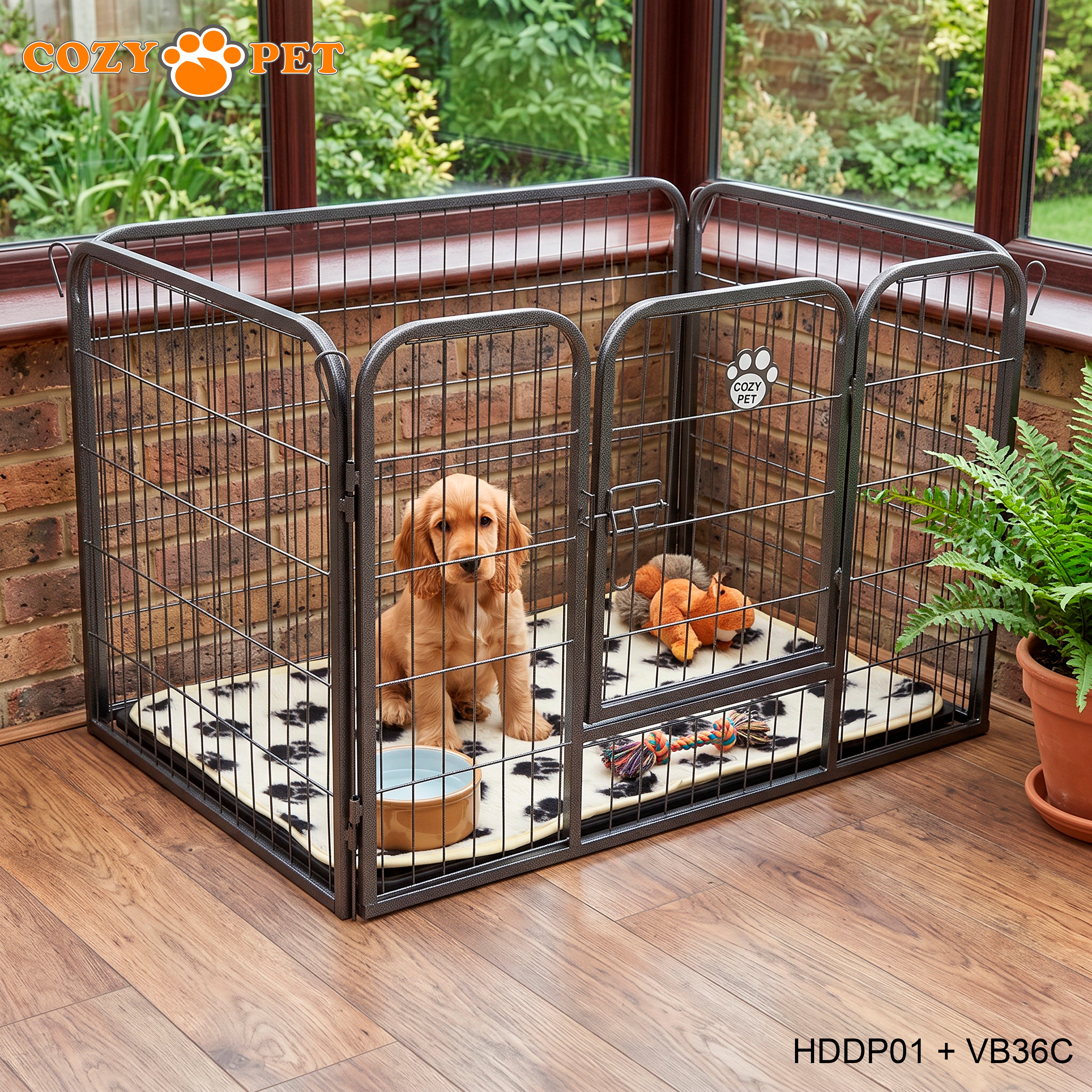 Cozy Pet Heavy Duty Playpen with ABS Tray and Vet Bed 61cm Tall Dog Crate Model HDDP01 + VB36C