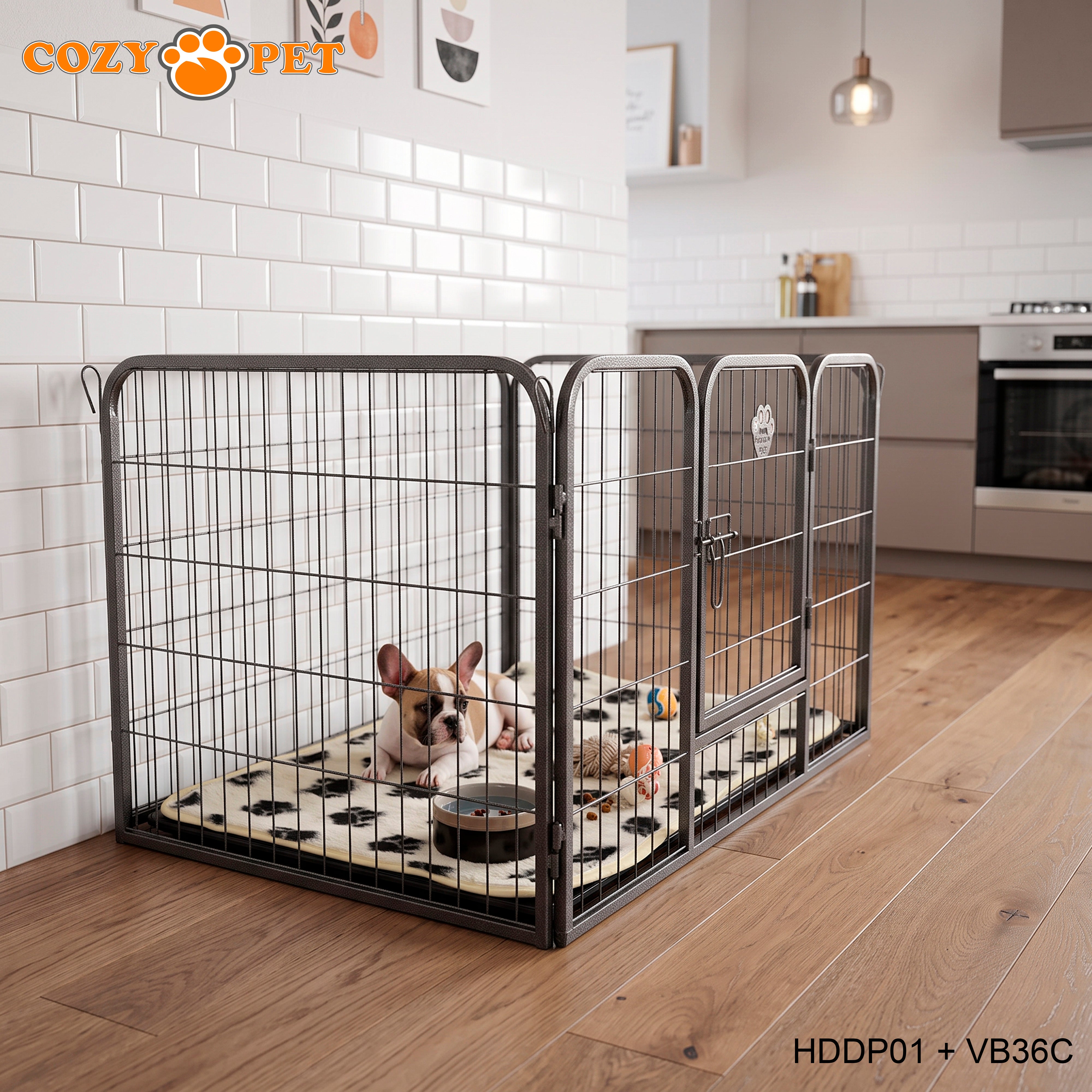 Cozy Pet Heavy Duty Playpen with ABS Tray and Vet Bed 61cm Tall Dog Crate Model HDDP01 + VB36C