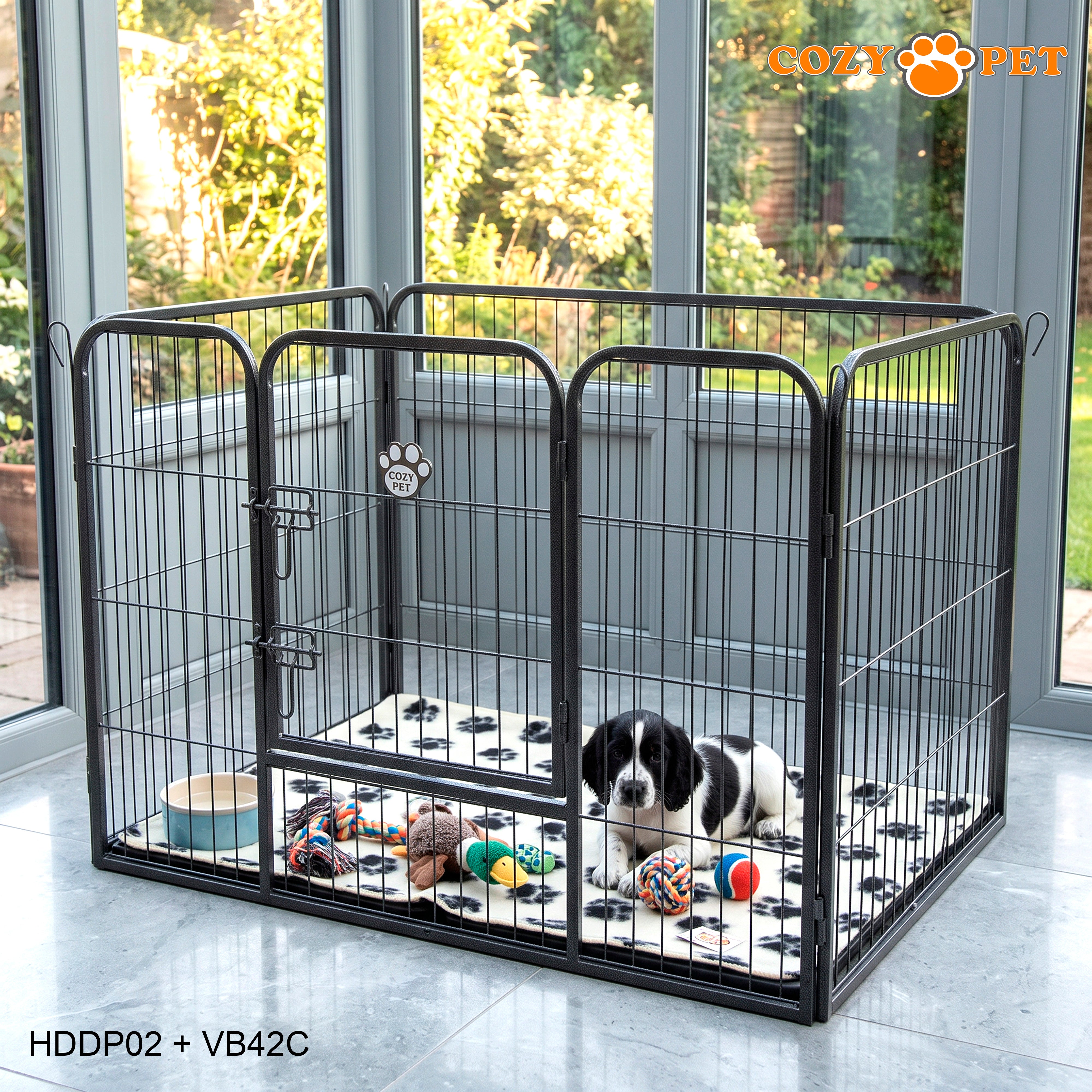 Cozy Pet Heavy Duty Playpen with ABS Tray and Vet Bed 70cm Tall Dog Crate Model HDDP02 + VB42C