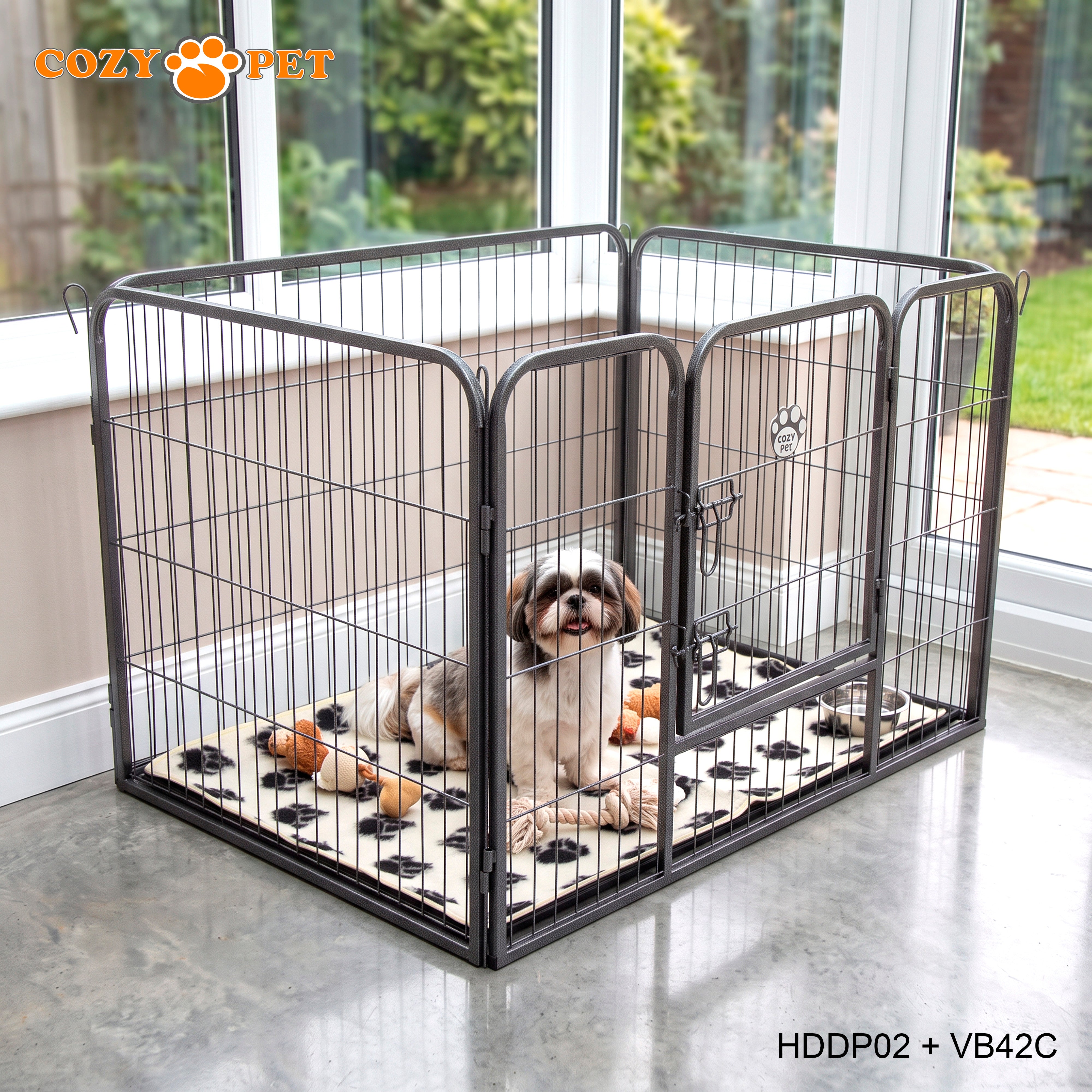 Cozy Pet Heavy Duty Playpen with ABS Tray and Vet Bed 70cm Tall Dog Crate Model HDDP02 + VB42C