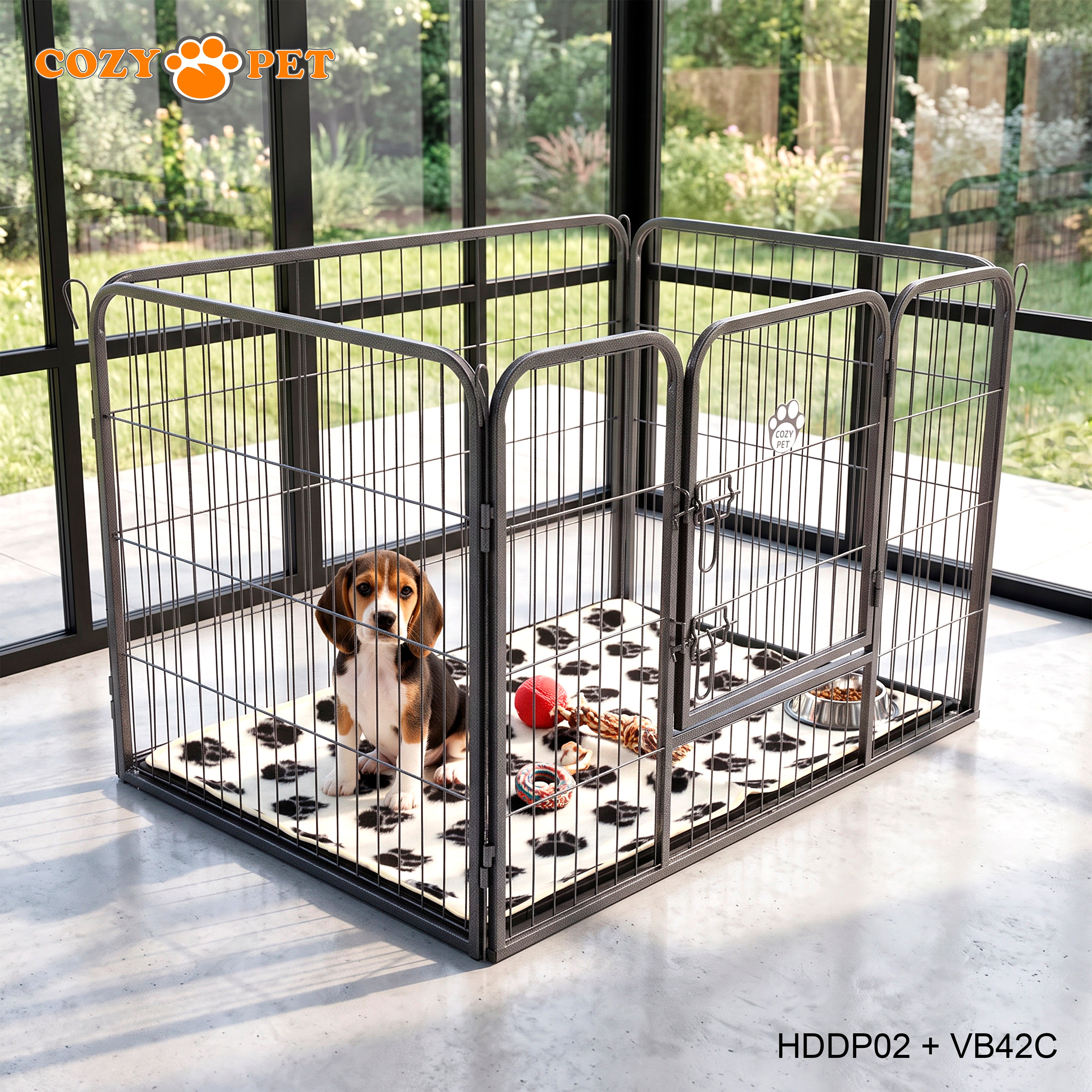 Cozy Pet Heavy Duty Playpen with ABS Tray and Vet Bed 70cm Tall Dog Crate Model HDDP02 + VB42C