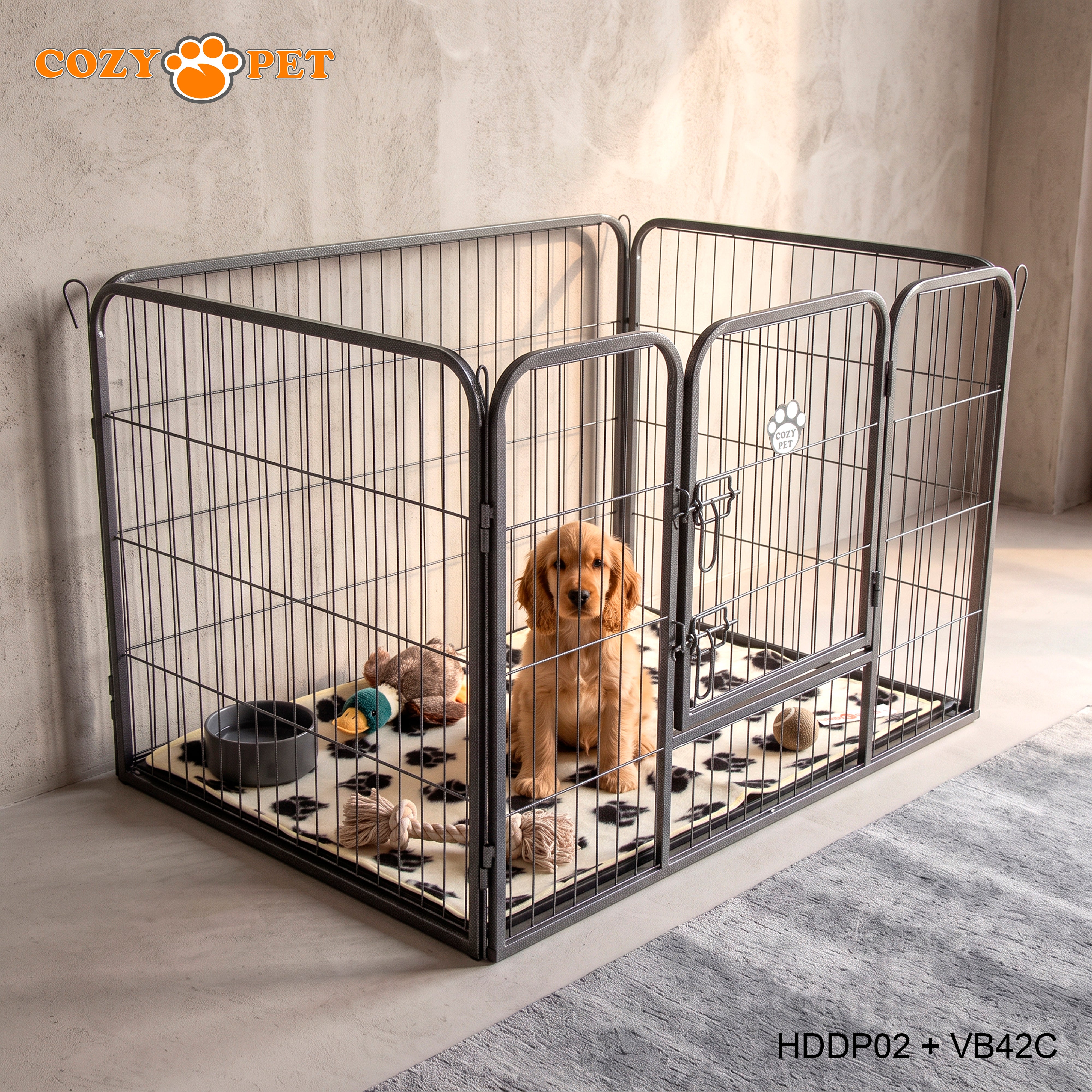 Cozy Pet Heavy Duty Playpen with ABS Tray and Vet Bed 70cm Tall Dog Crate Model HDDP02 + VB42C