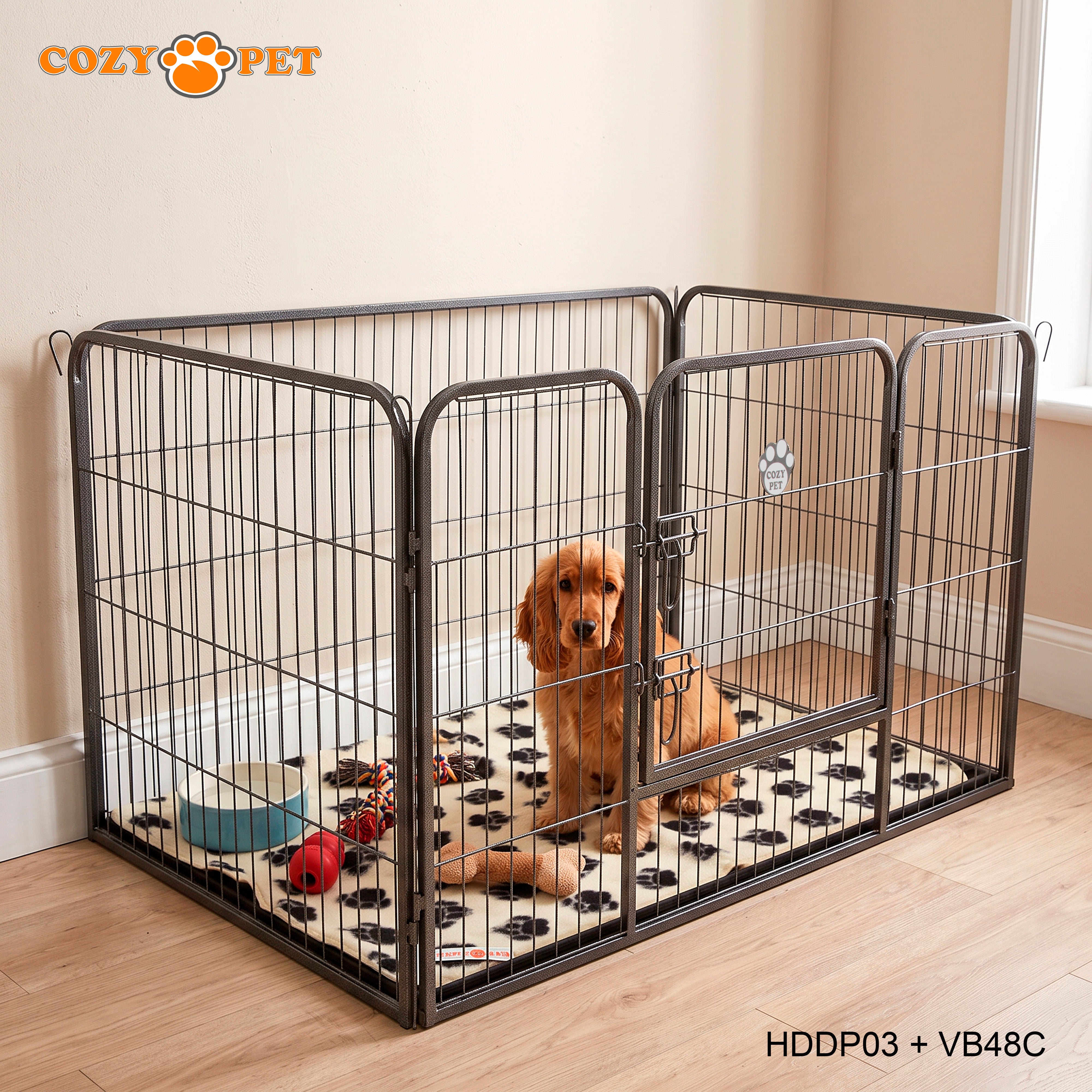 Cozy Pet Heavy Duty Playpen with ABS Tray and Vet Bed 75.5cm Tall Puppy PlaypenDog Crate Model HDDP03 + VB48C