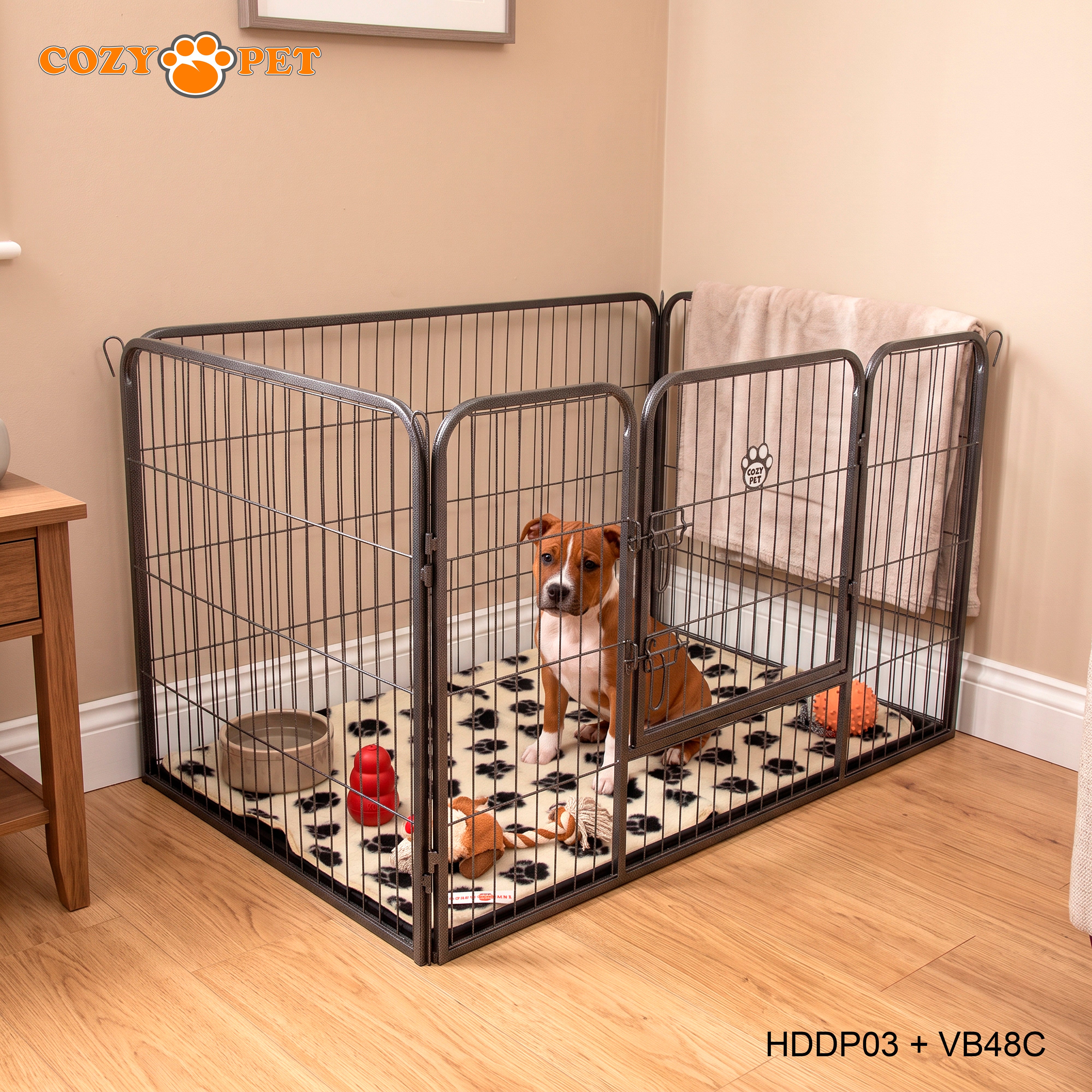 Cozy Pet Heavy Duty Playpen with ABS Tray and Vet Bed 75.5cm Tall Puppy PlaypenDog Crate Model HDDP03 + VB48C