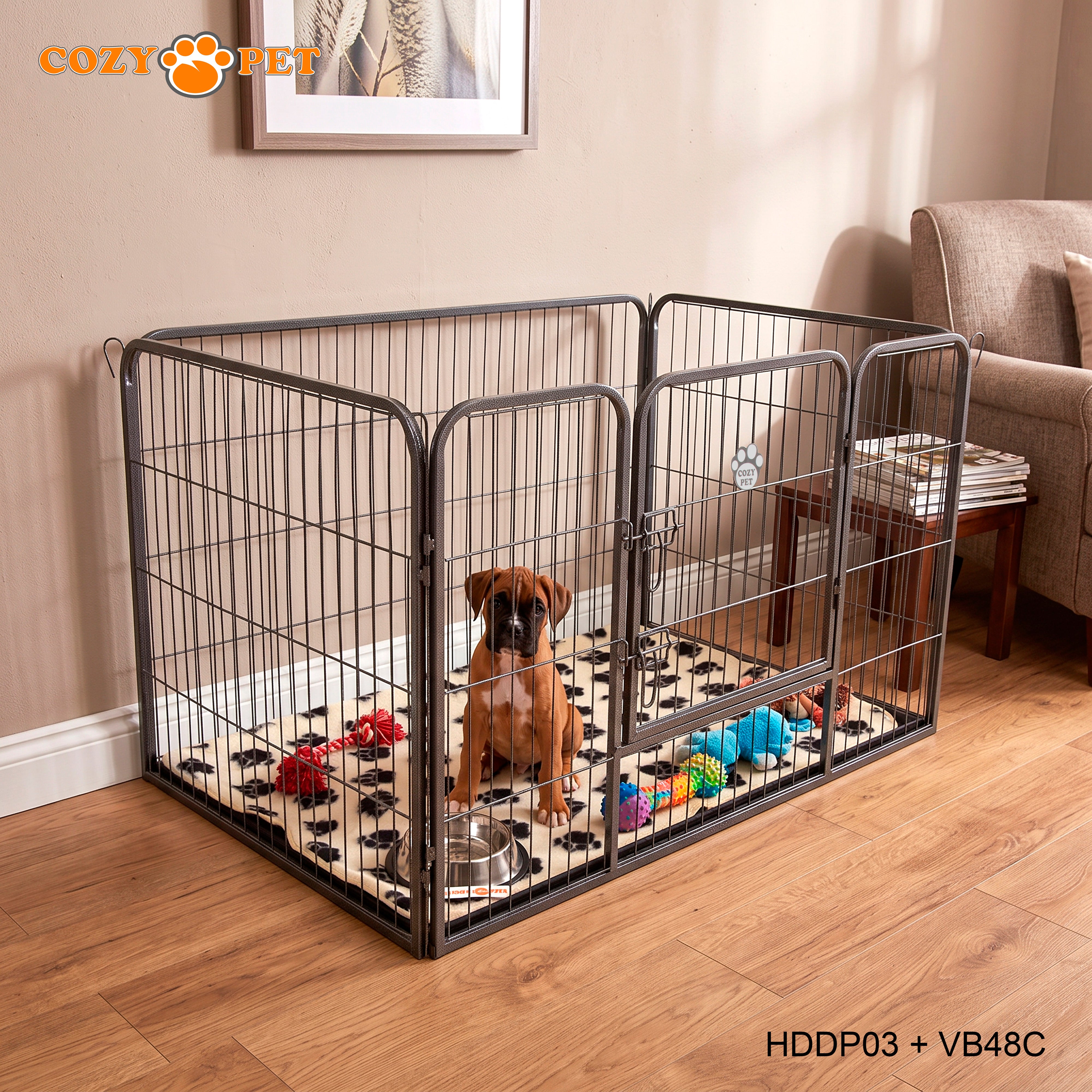Cozy Pet Heavy Duty Playpen with ABS Tray and Vet Bed 75.5cm Tall Puppy PlaypenDog Crate Model HDDP03 + VB48C
