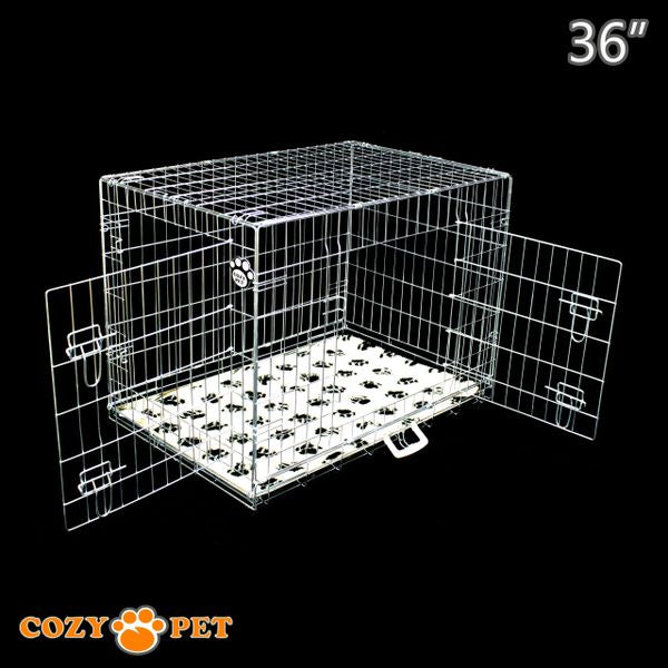 36" Cozy Pet Dog Cage in Silver (Zinc Coated) with Tailored Vet Bedding and Metal Tray - DC36S