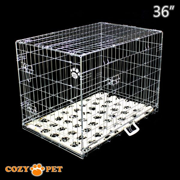 36" Cozy Pet Dog Cage in Silver (Zinc Coated) with Tailored Vet Bedding and Metal Tray - DC36S