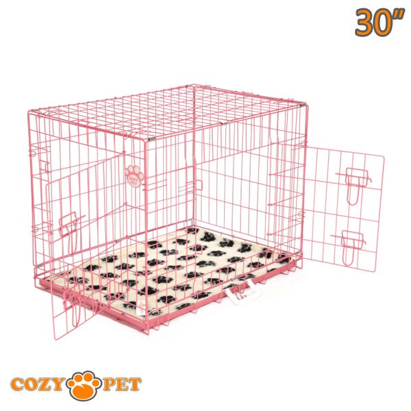 30" Cozy Pet Dog Cage in Pink with Tailored Vet Bedding and Metal Tray - DC30P + VB30C